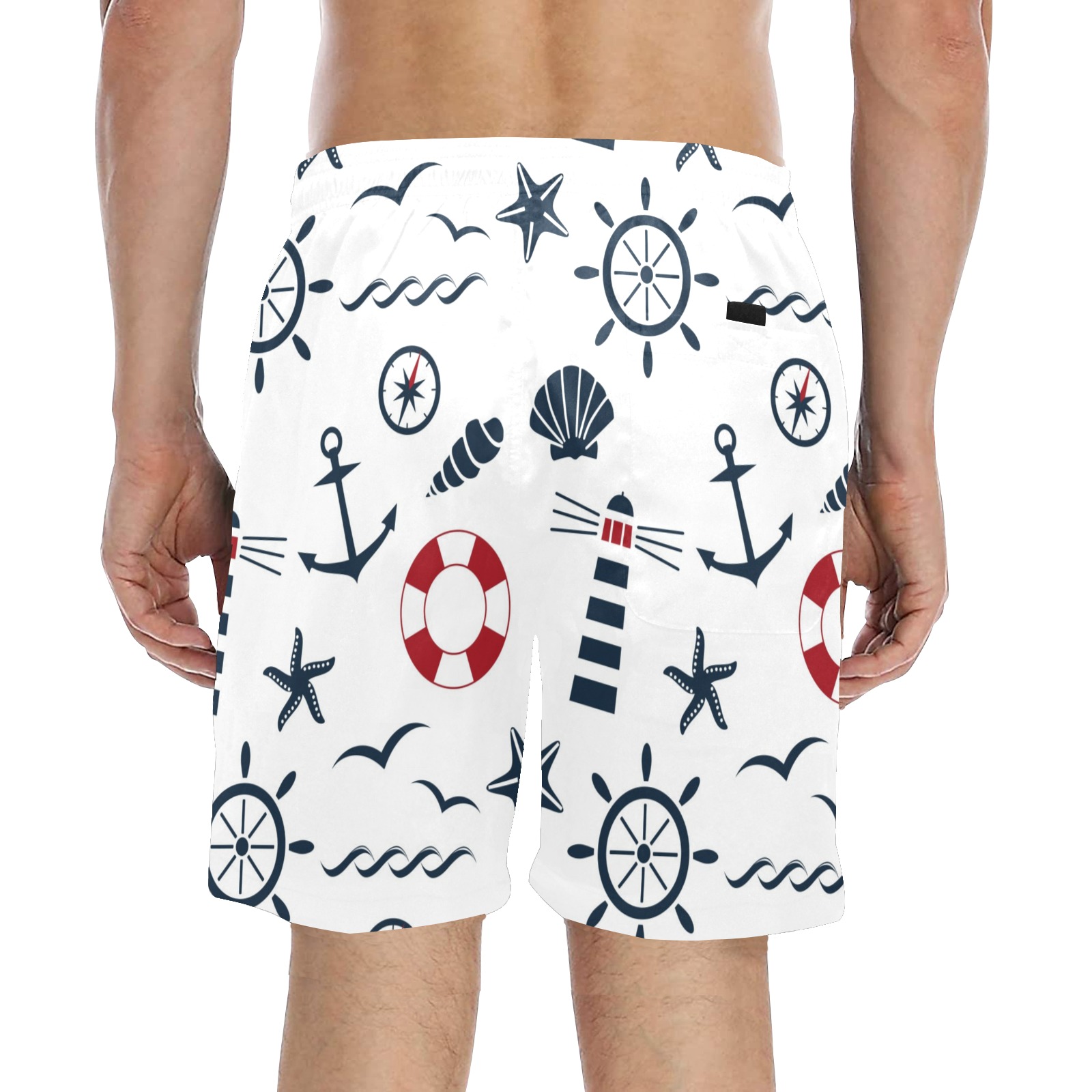 Men's nautical print mid-length beach shorts (L51) in white with anchor, wheel, and sea elements, perfect for summer.
