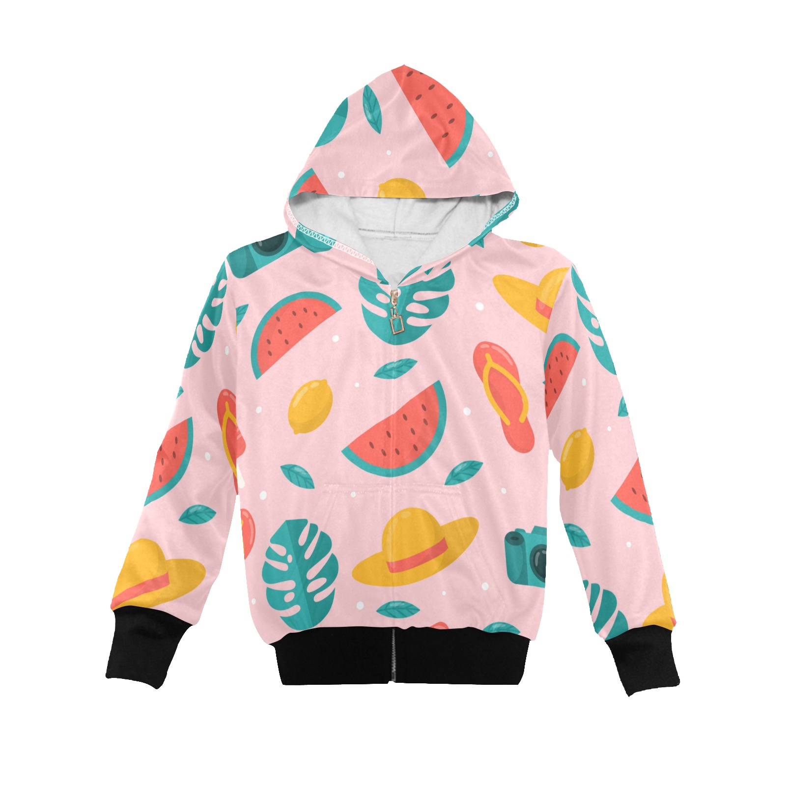Girls' Pink Hoodie (H58) with Fruit Pattern. Front zip, pocket, elastic cuffs.  Girls' fashion.