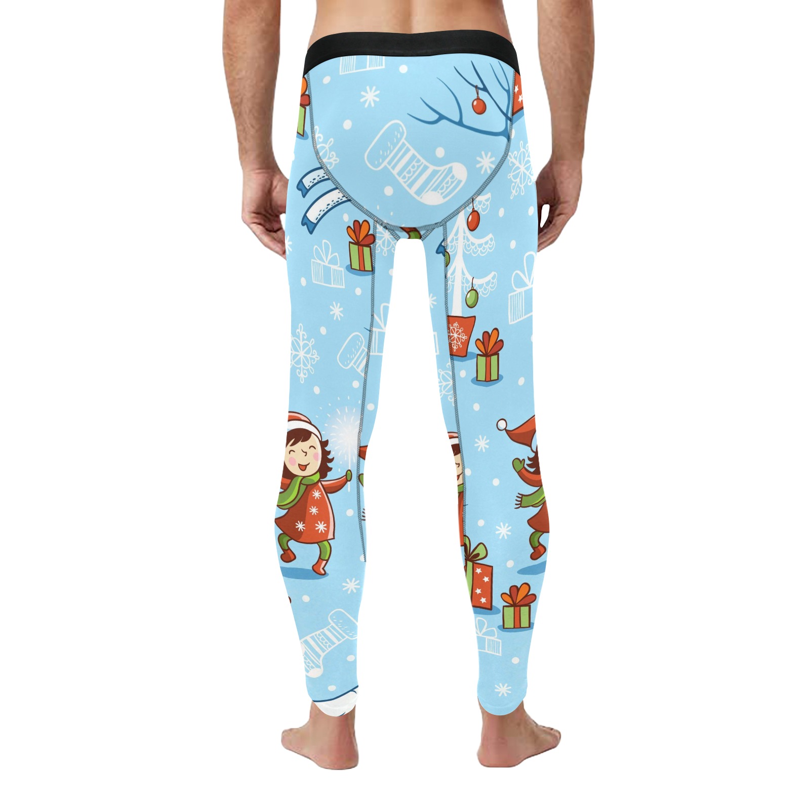 Men's compression leggings with festive cartoon print. Blue workout pants for athletic wear.