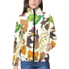 Women's stand collar padded jacket with cartoon animal print, featuring zipper closure and two pockets.