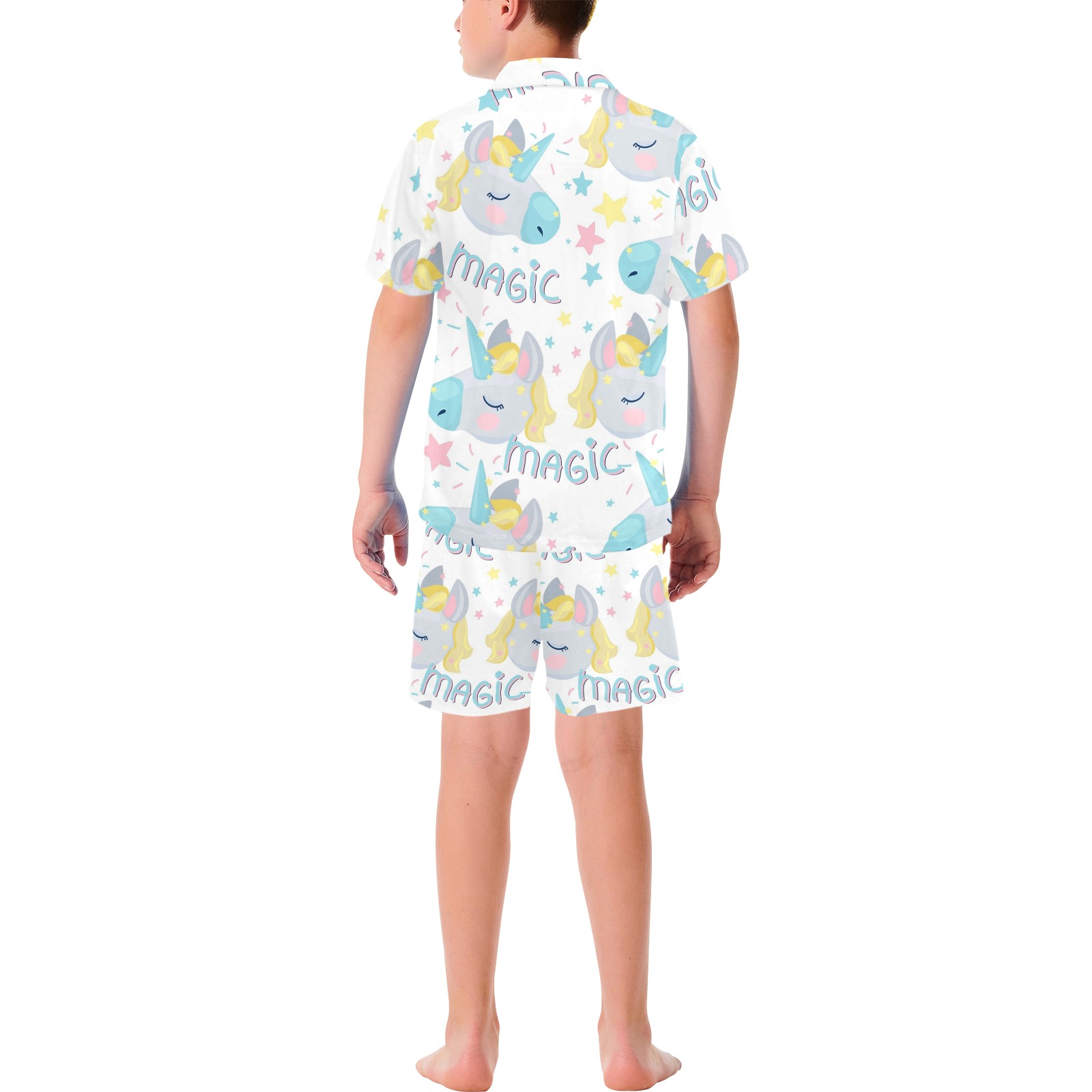 Big Boys' V-Neck Pajama Set, white polyester short-sleeved top and shorts with allover print, for boys aged 8-15