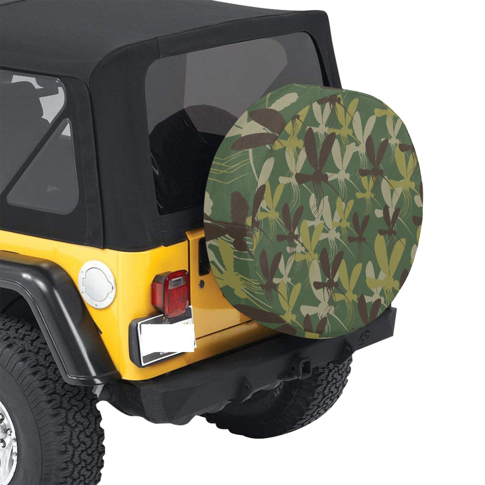 Camouflage spare tire cover (16") installed on a yellow Jeep, made of durable polyester, perfect for wheel protection.