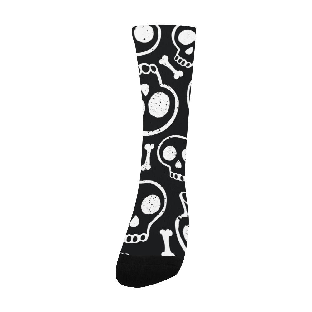 Men's custom socks with white skull and bone pattern on a black background, all-over printed.