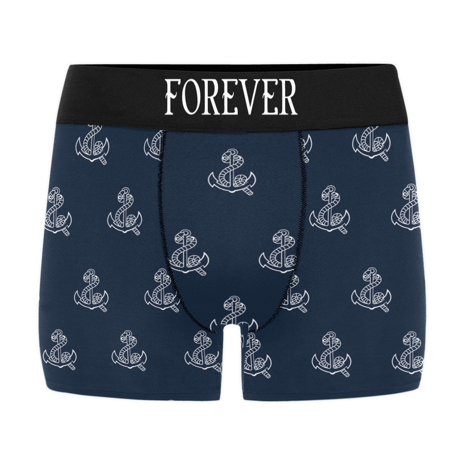 Men's navy blue boxer briefs with white anchor print and "FOREVER" waistband