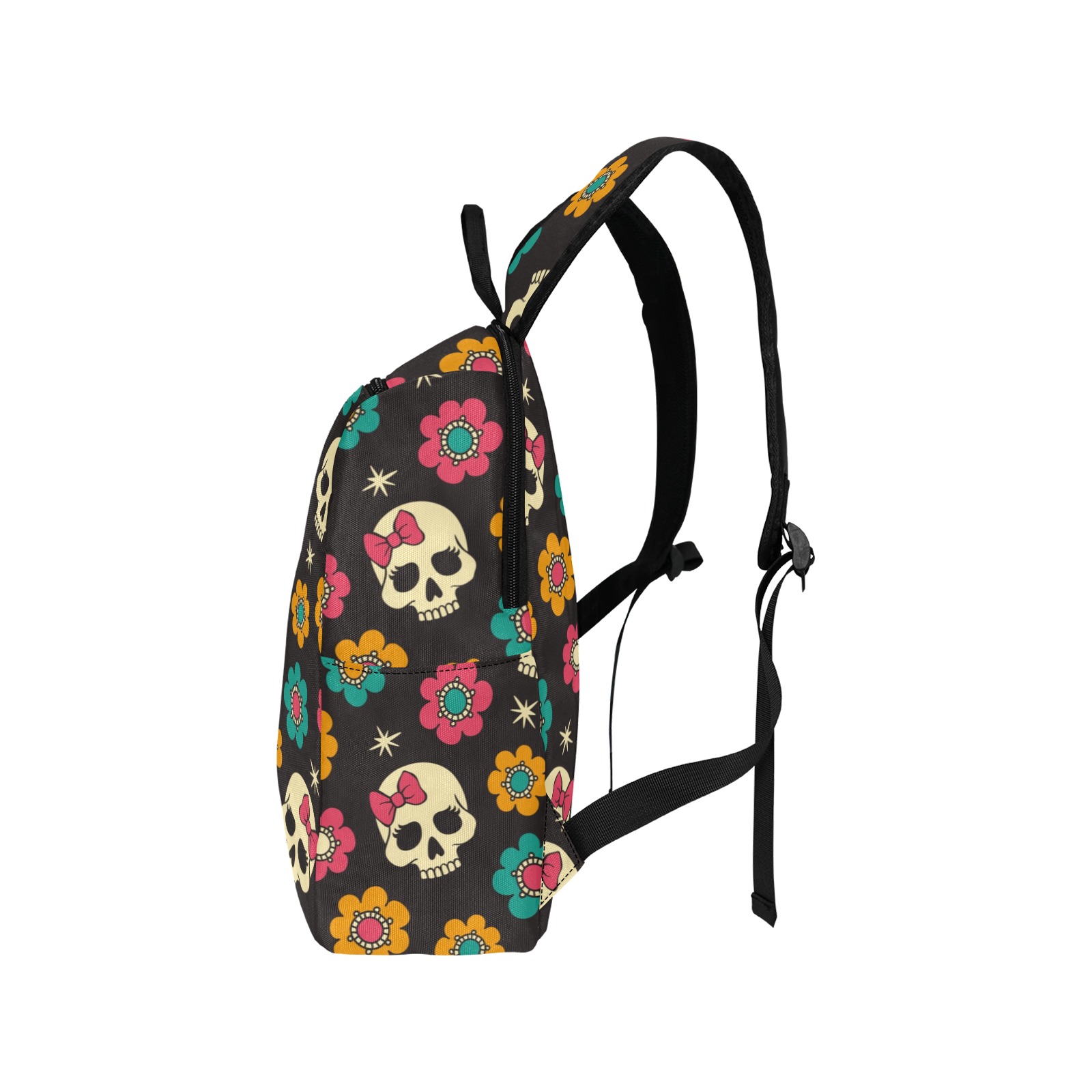 Skull and Floral Print Backpack - Polyester school or travel bag with adjustable straps and side pockets.