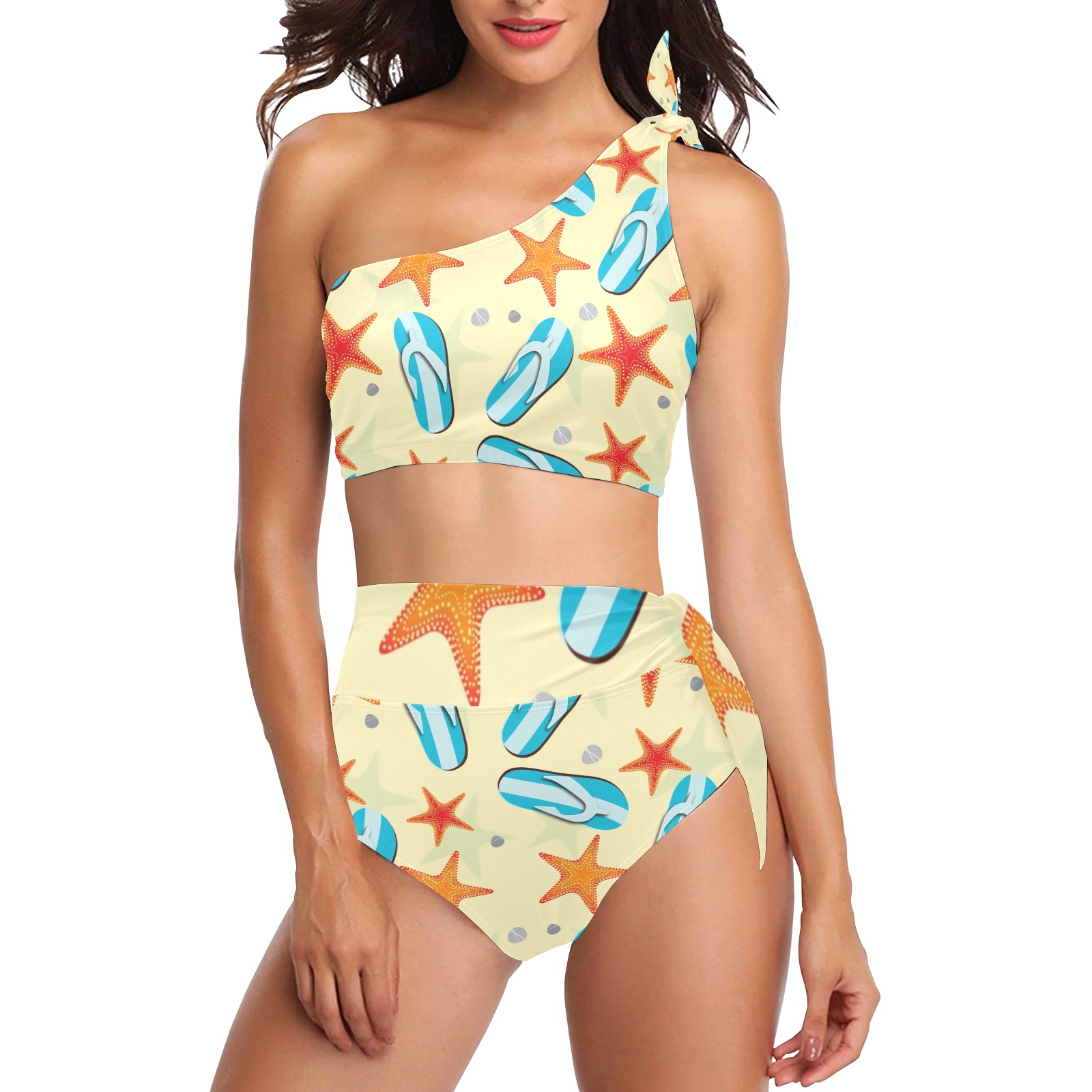 High Waisted One Shoulder Bikini Set with starfish and flip-flops pattern