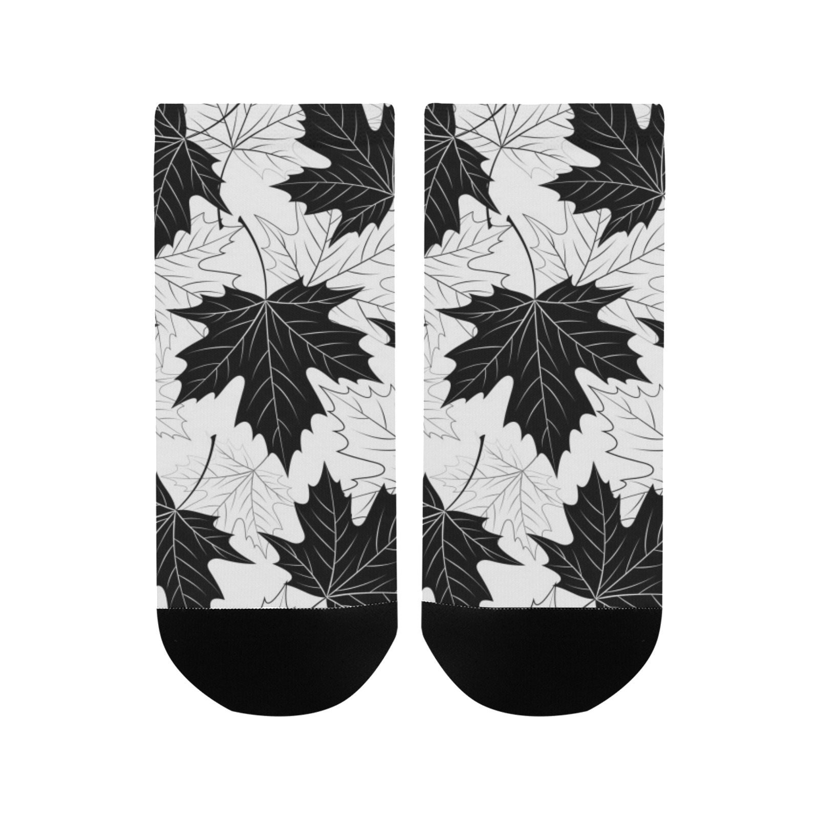 Men's black and white maple leaf ankle socks. Polyester fabric with all-over leaf print.