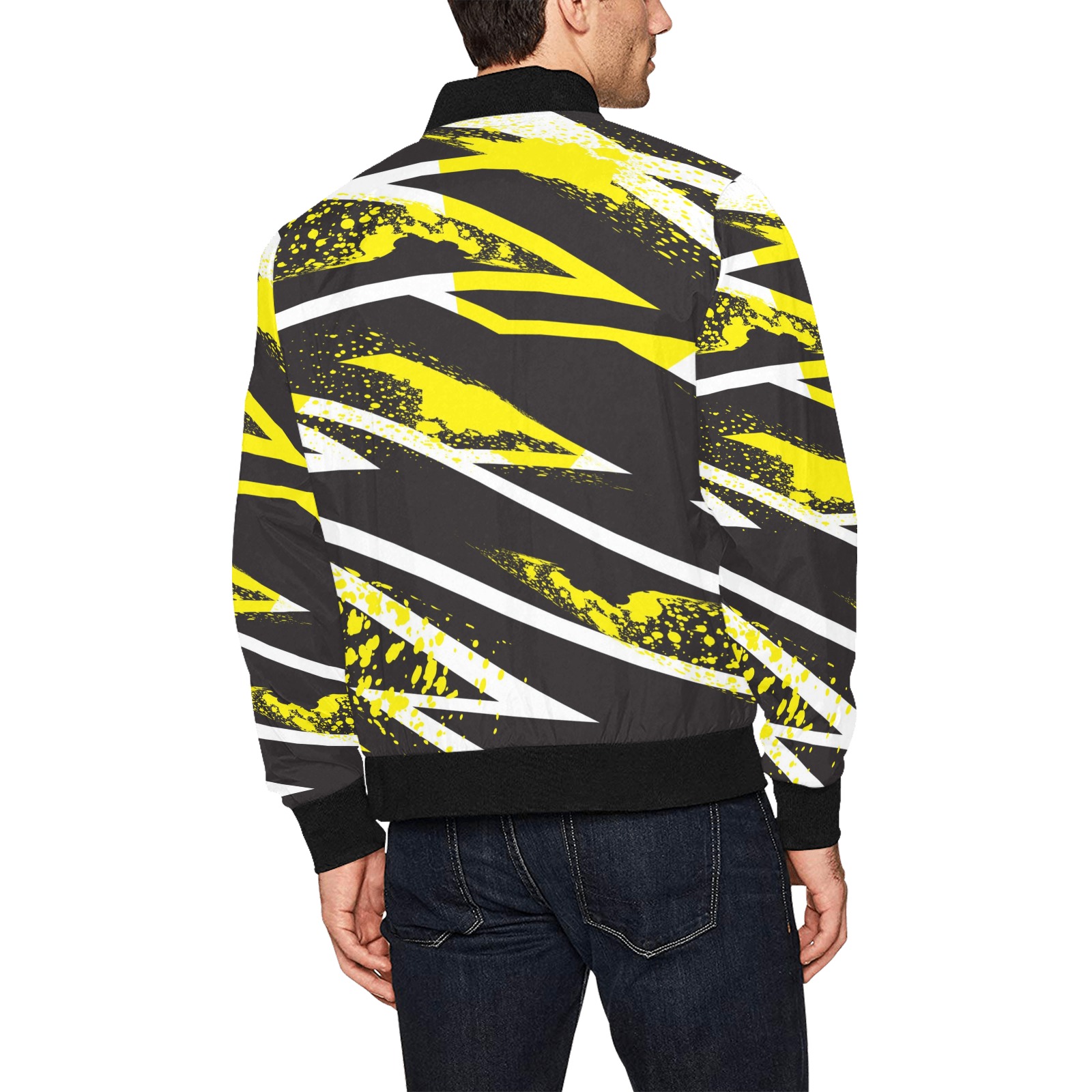 Men's Yellow & Black Abstract Bomber Jacket (Model H31): All-over print, stand-up collar.