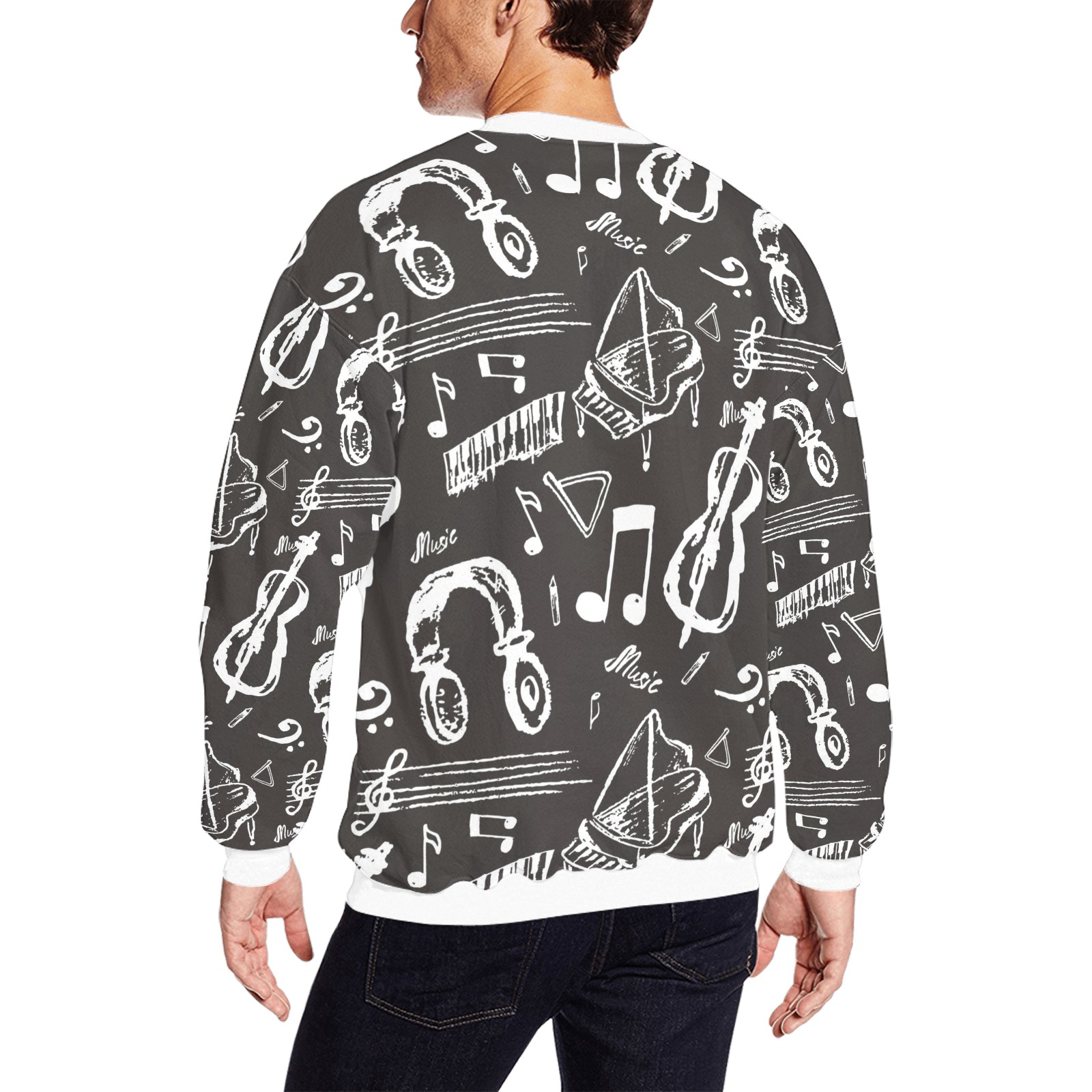 Men's fuzzy sweatshirt featuring all-over music-themed print in grey and white.