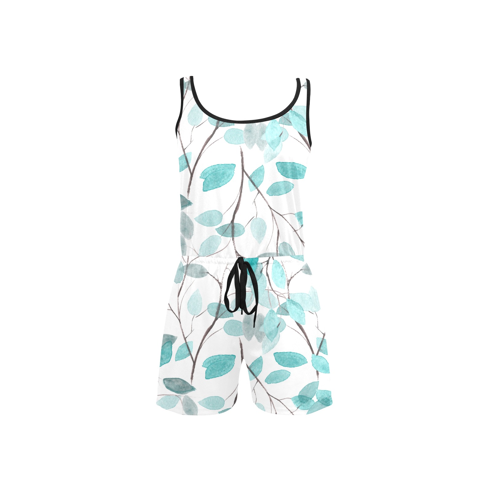 Sleeveless short jumpsuit with blue leaves pattern for women, summer fashion