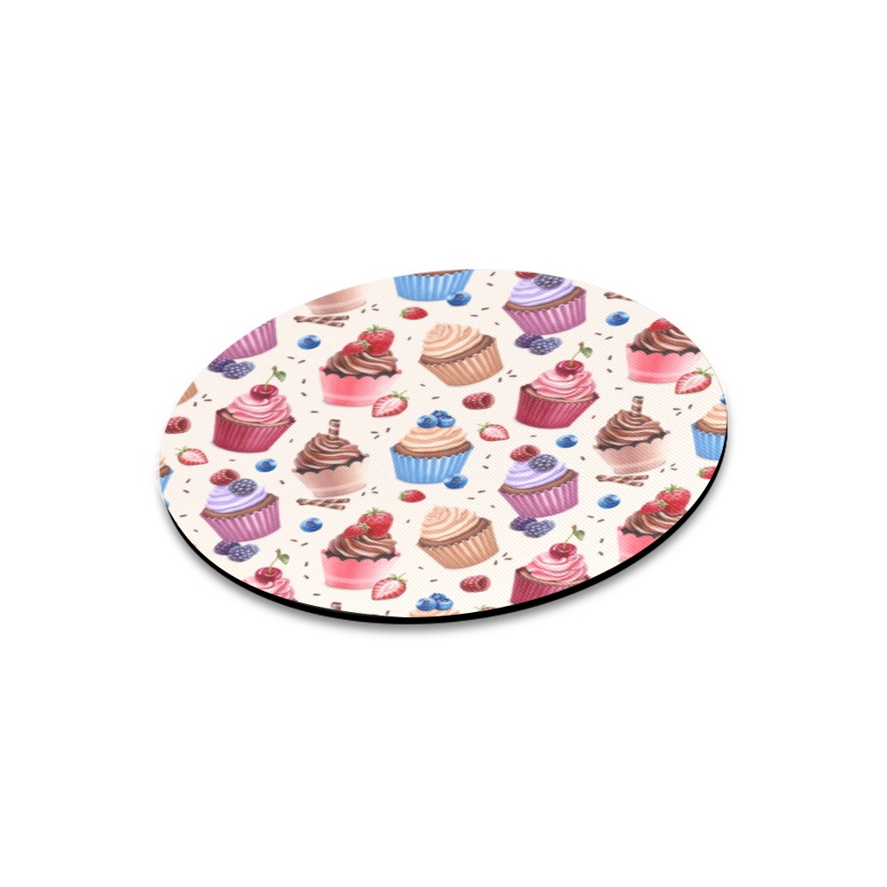 Round mousepad with watercolor cupcakes in pink, purple, and blue, ideal for office and gaming.