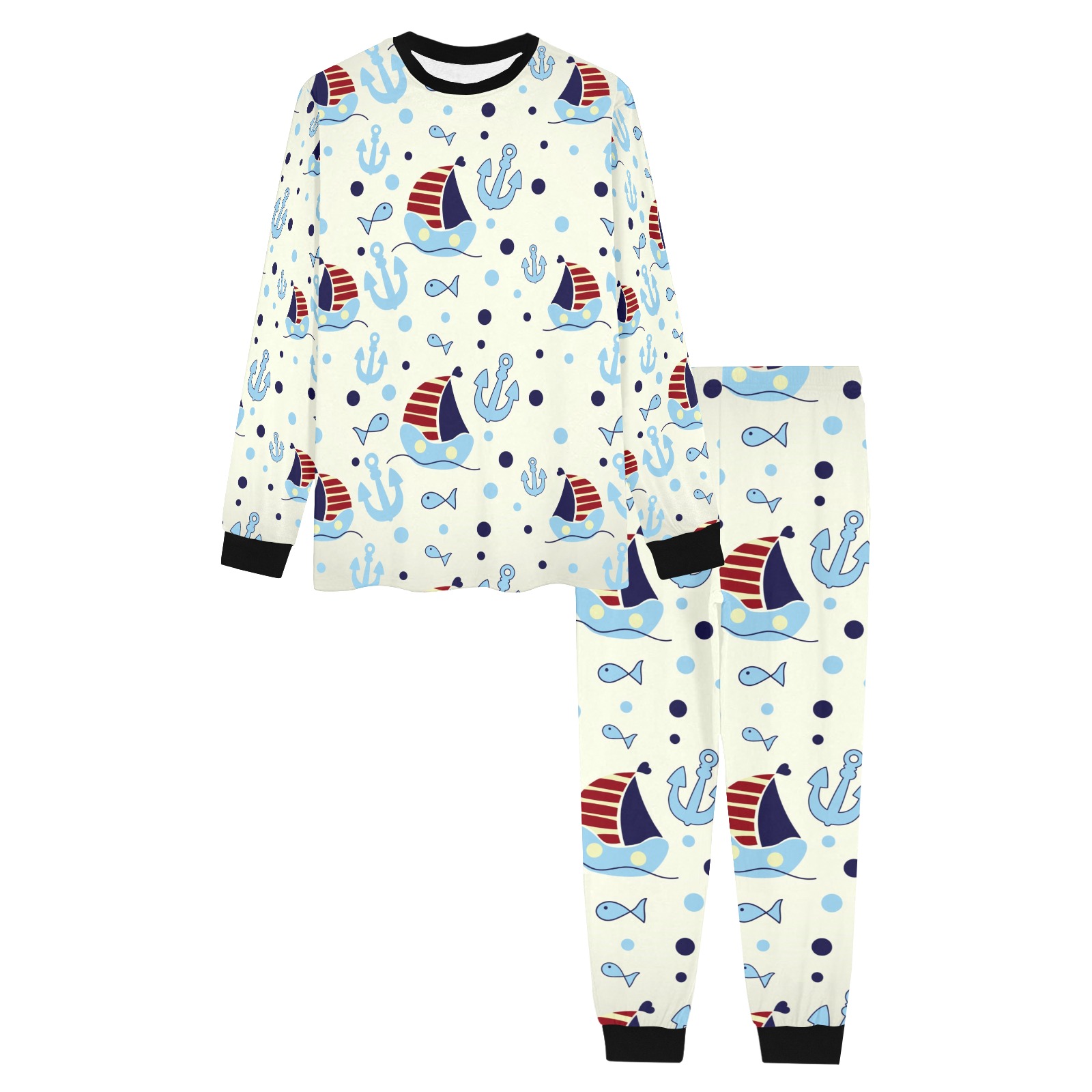 Men's pajama set featuring a nautical boat pattern, made from comfortable jersey fabric, perfect for sleepwear.