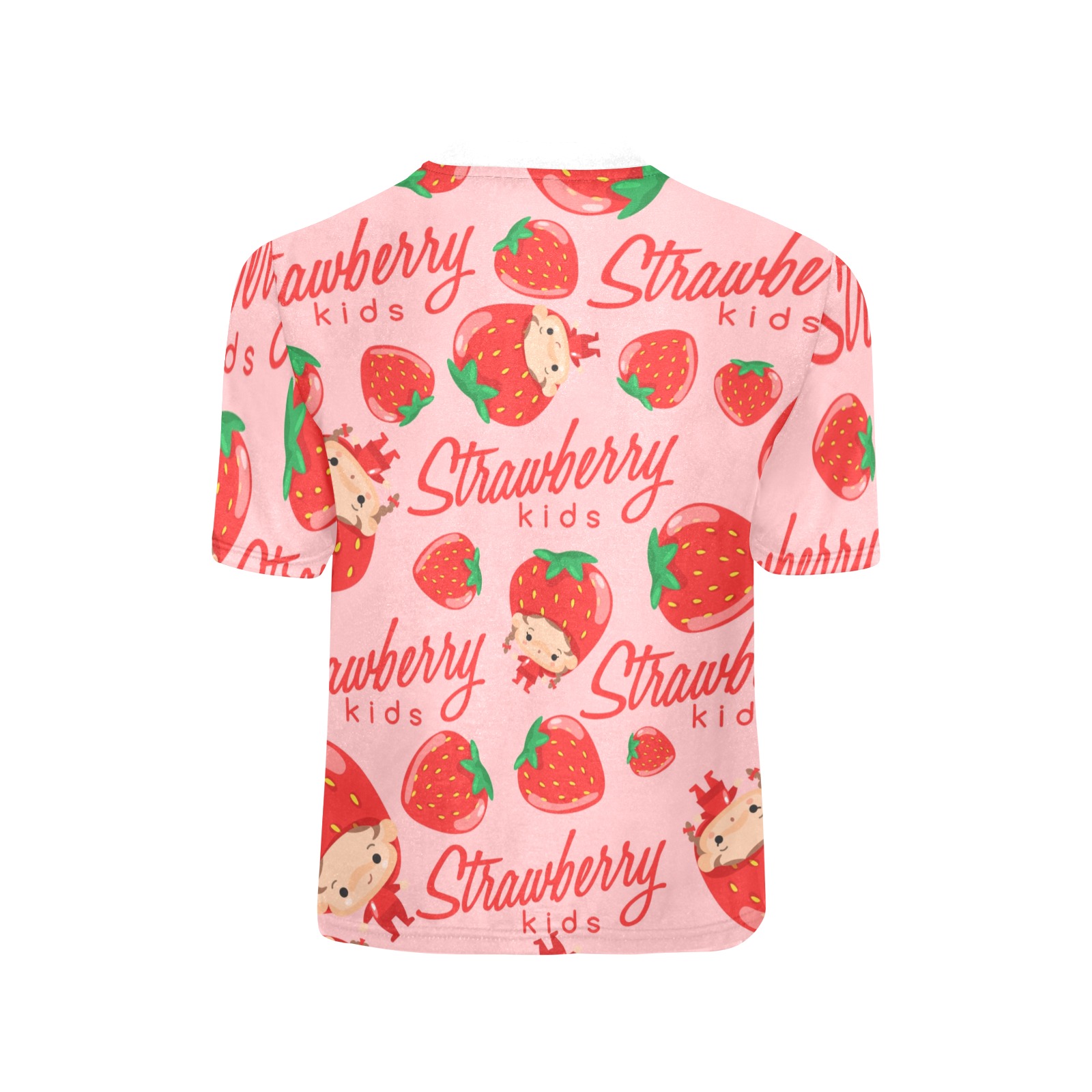 Big Girls' All Over Print Strawberry T-Shirt. Pink polyester tee featuring a strawberry pattern and text, perfect for summer.