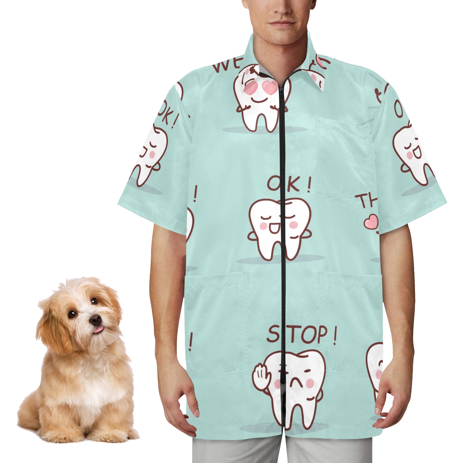 Turquoise Grooming Jacket (H53) with tooth pattern for pet grooming, waterproof, zip up, shown on a man.