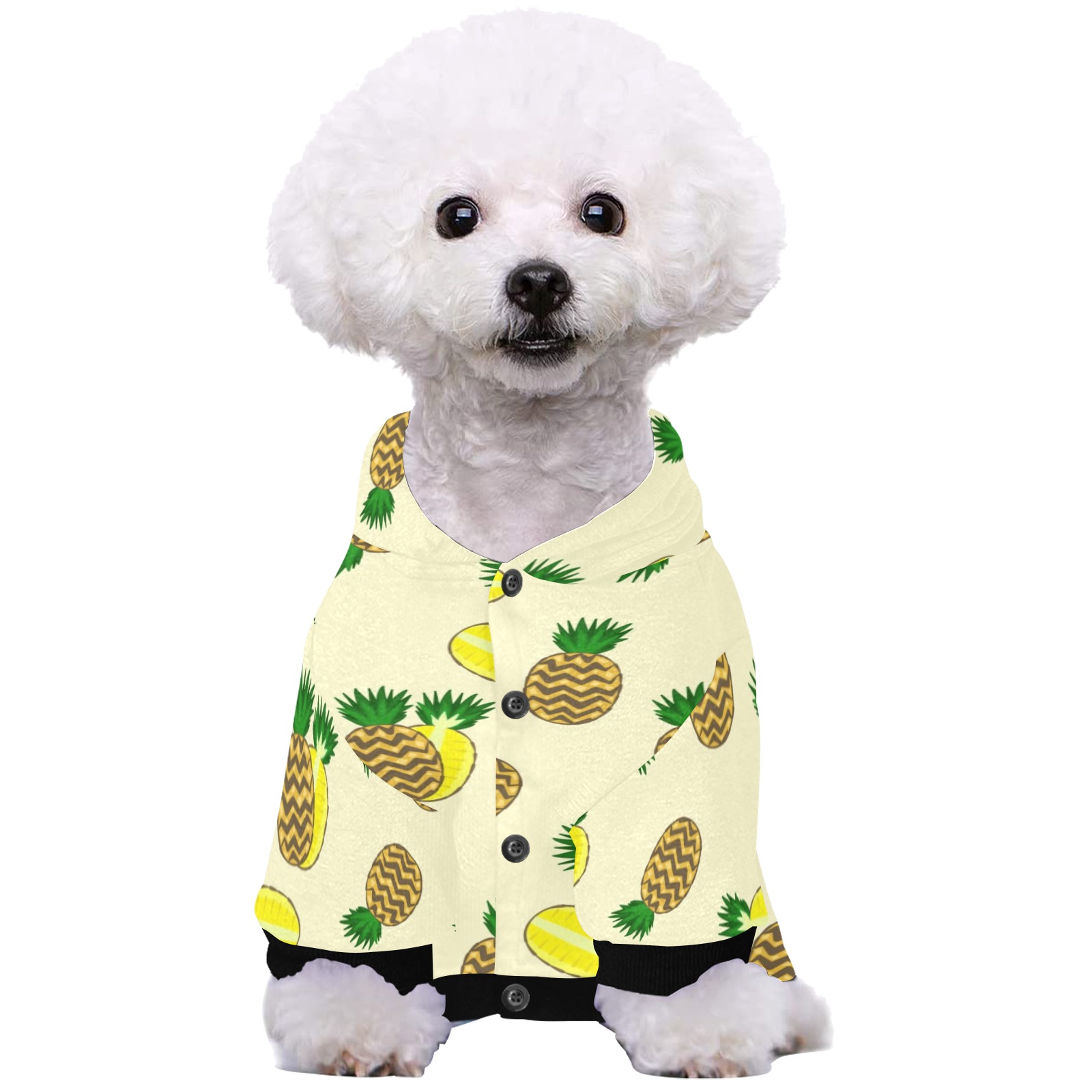 All Over Print Pet Dog Hoodie featuring Pineapple pattern on white dog
