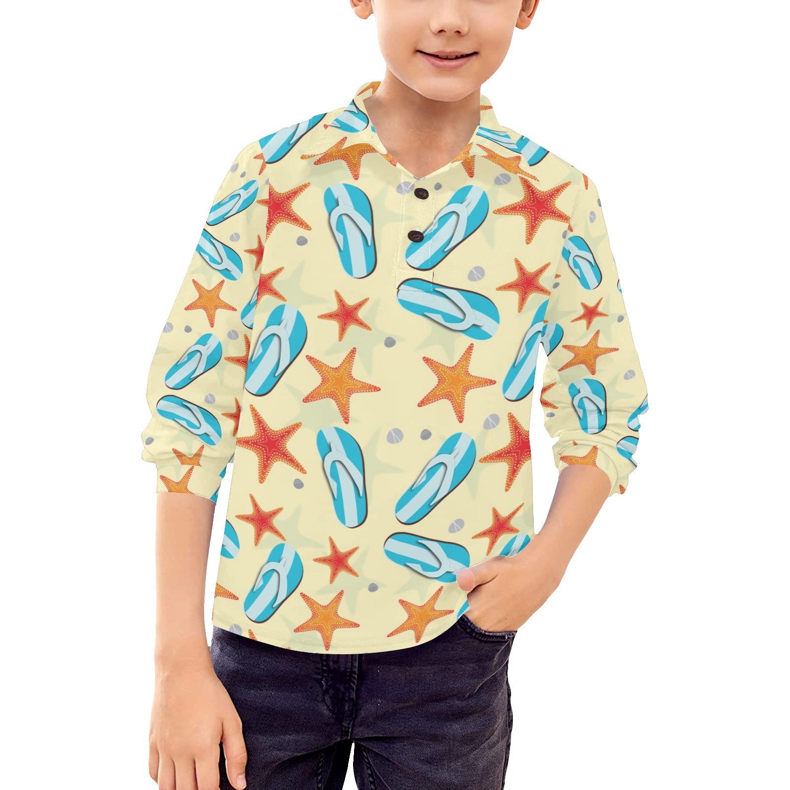 Big Boys' Long Sleeve Polo Shirt with Surfboard Print