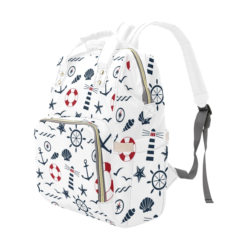White nautical print Multi-Function Backpack(Model1688) with anchor, helm, and star patterns. Waterproof nylon.