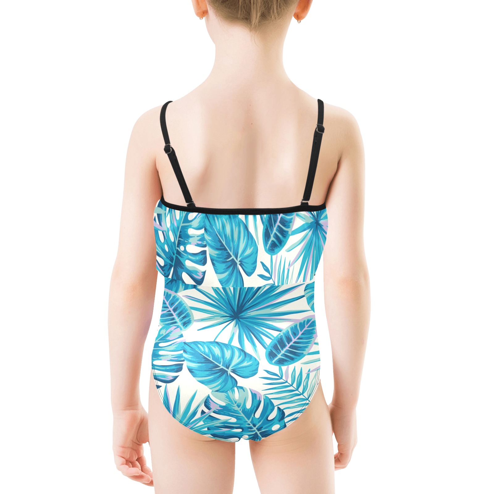 Kids' Spaghetti Strap Ruffle Swimsuit (S26) with blue floral pattern, perfect for swimming and beach.