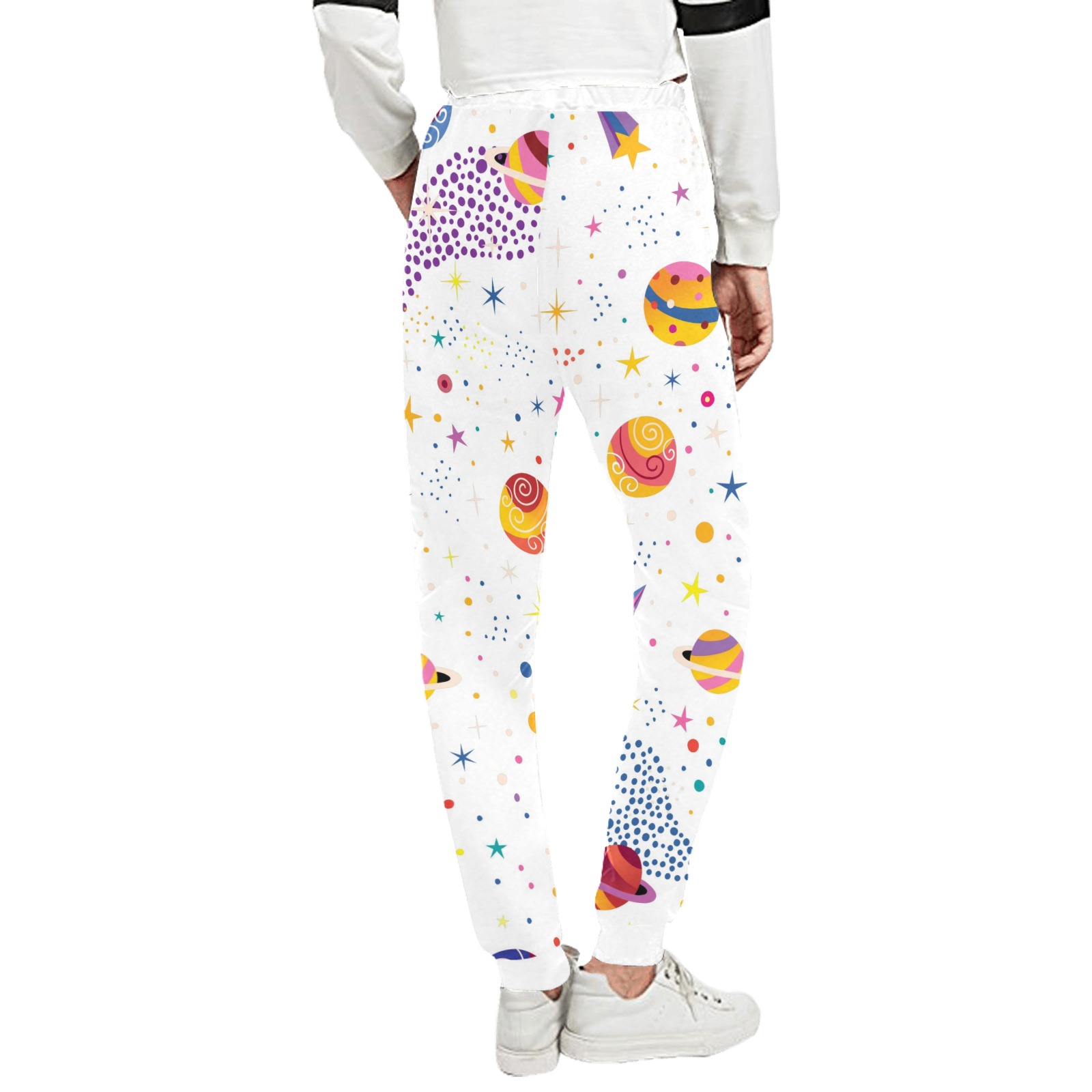 White sweatpants with burger print (Model L11) for women, elastic waist, casual comfort.