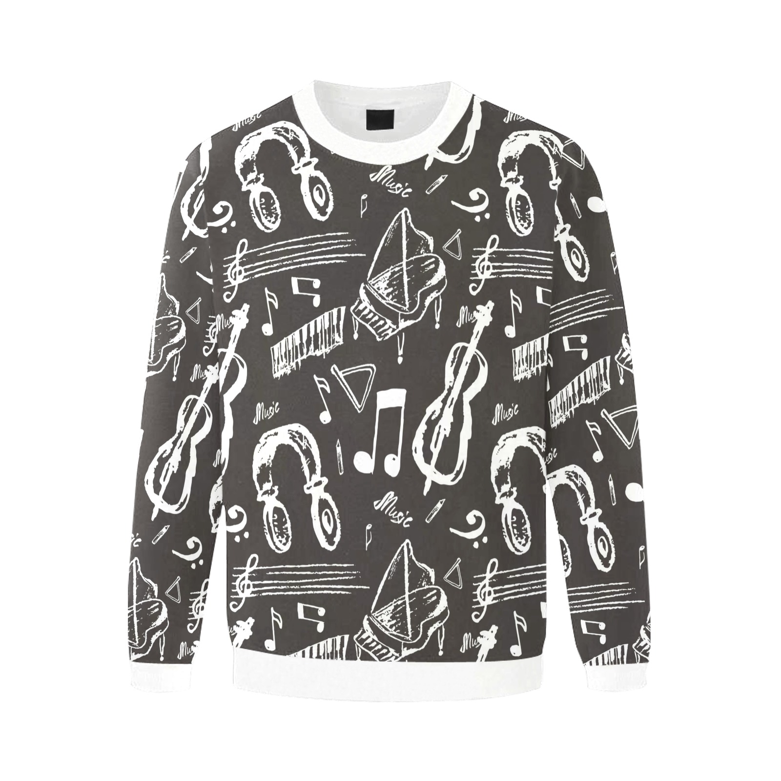 Men's music-themed fuzzy sweatshirt in gray and white, featuring all-over print.