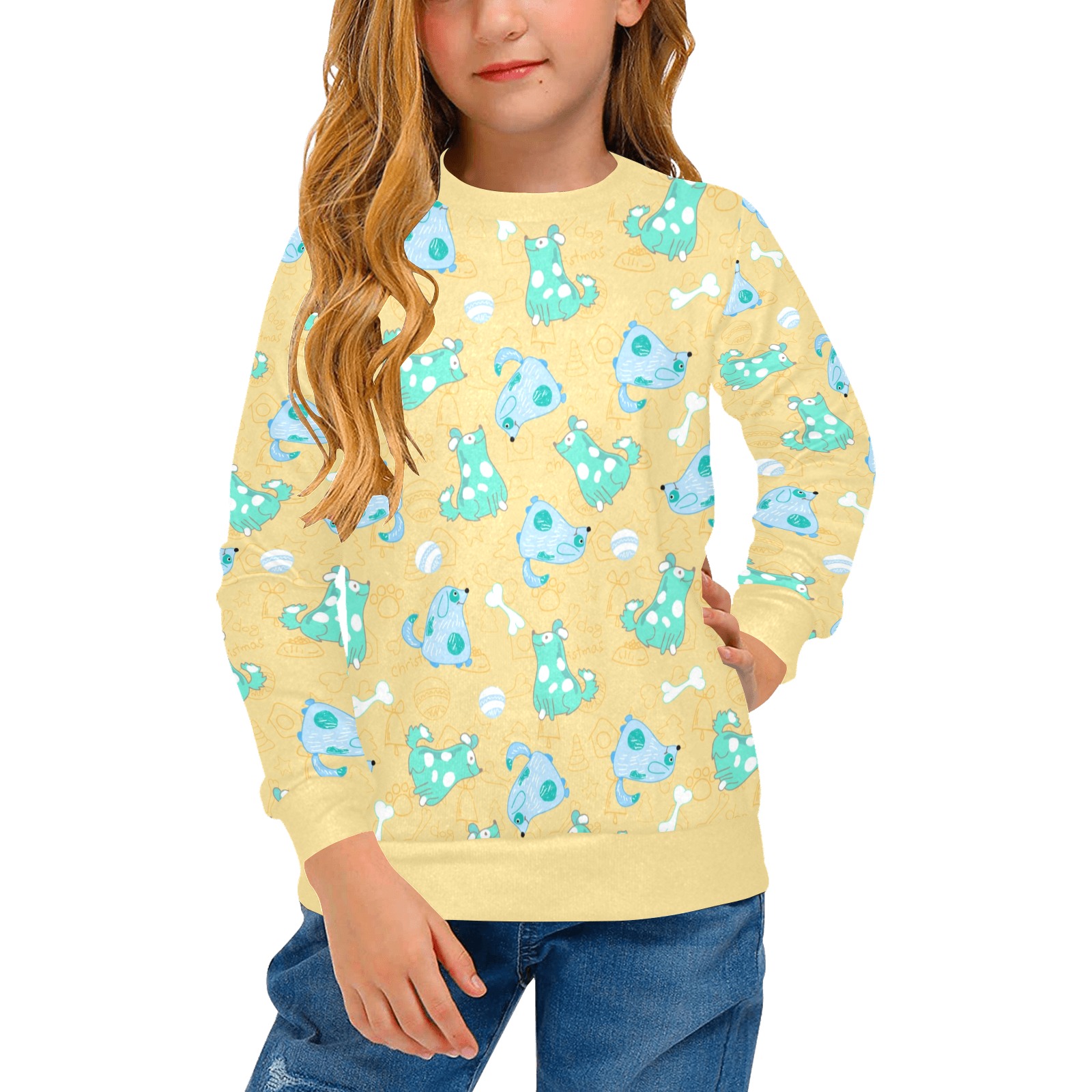Girls' yellow sweater with all-over print of light blue and white design, polyester-spandex blend.