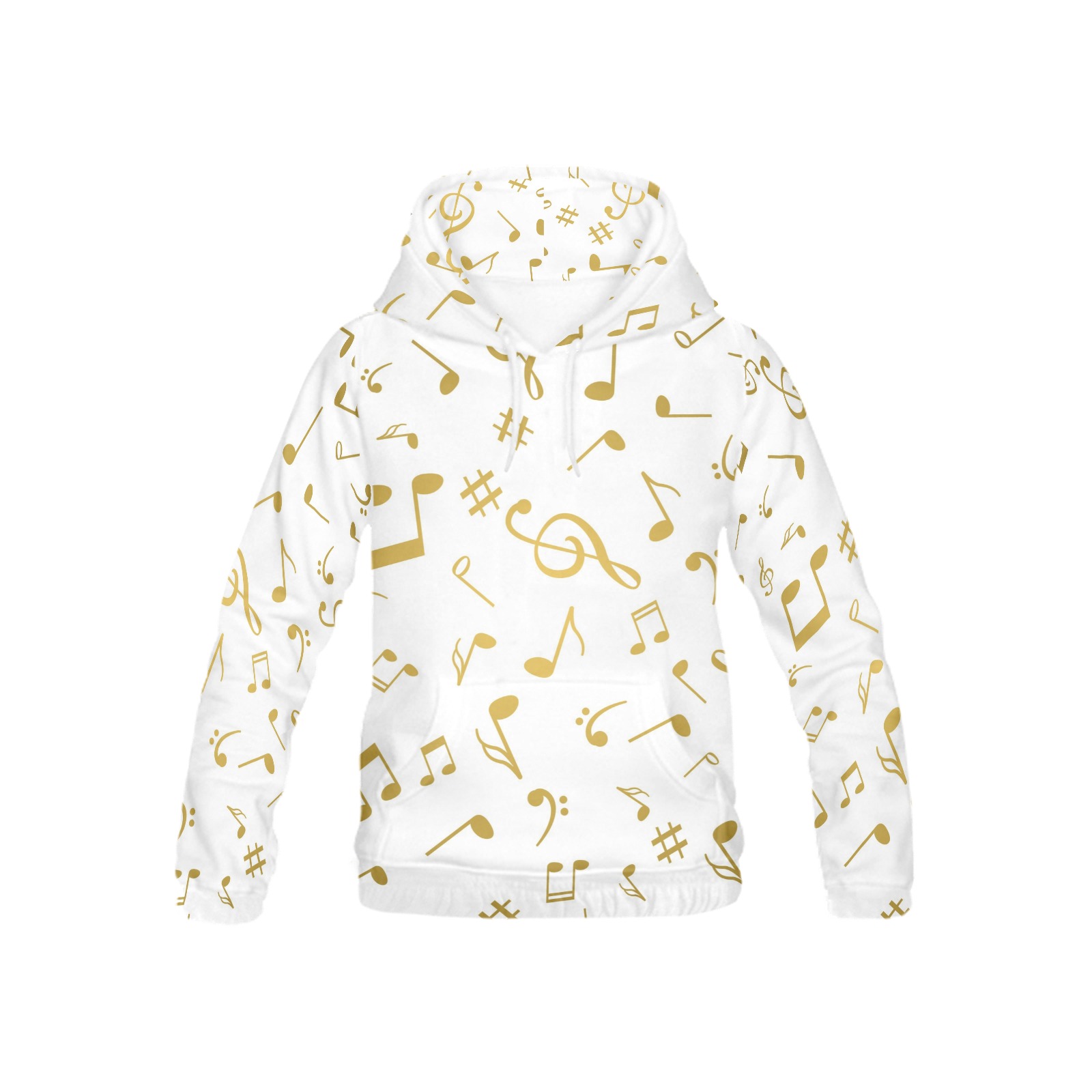 Youth all-over print hoodie with gold musical notes, kangaroo pocket, and drawstring hood