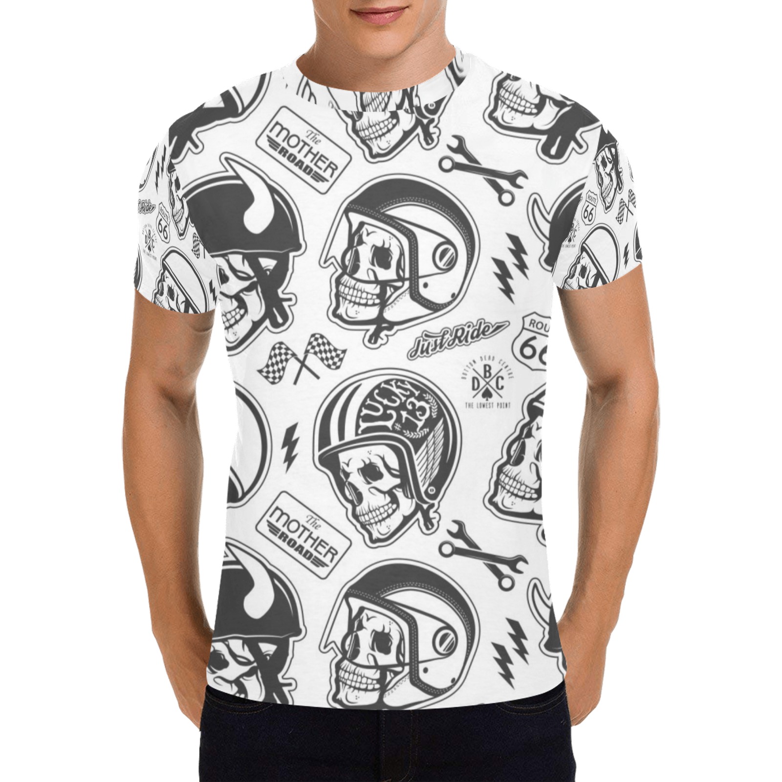 Men's All Over Print T-shirt with skull and helmet pattern, USA Size