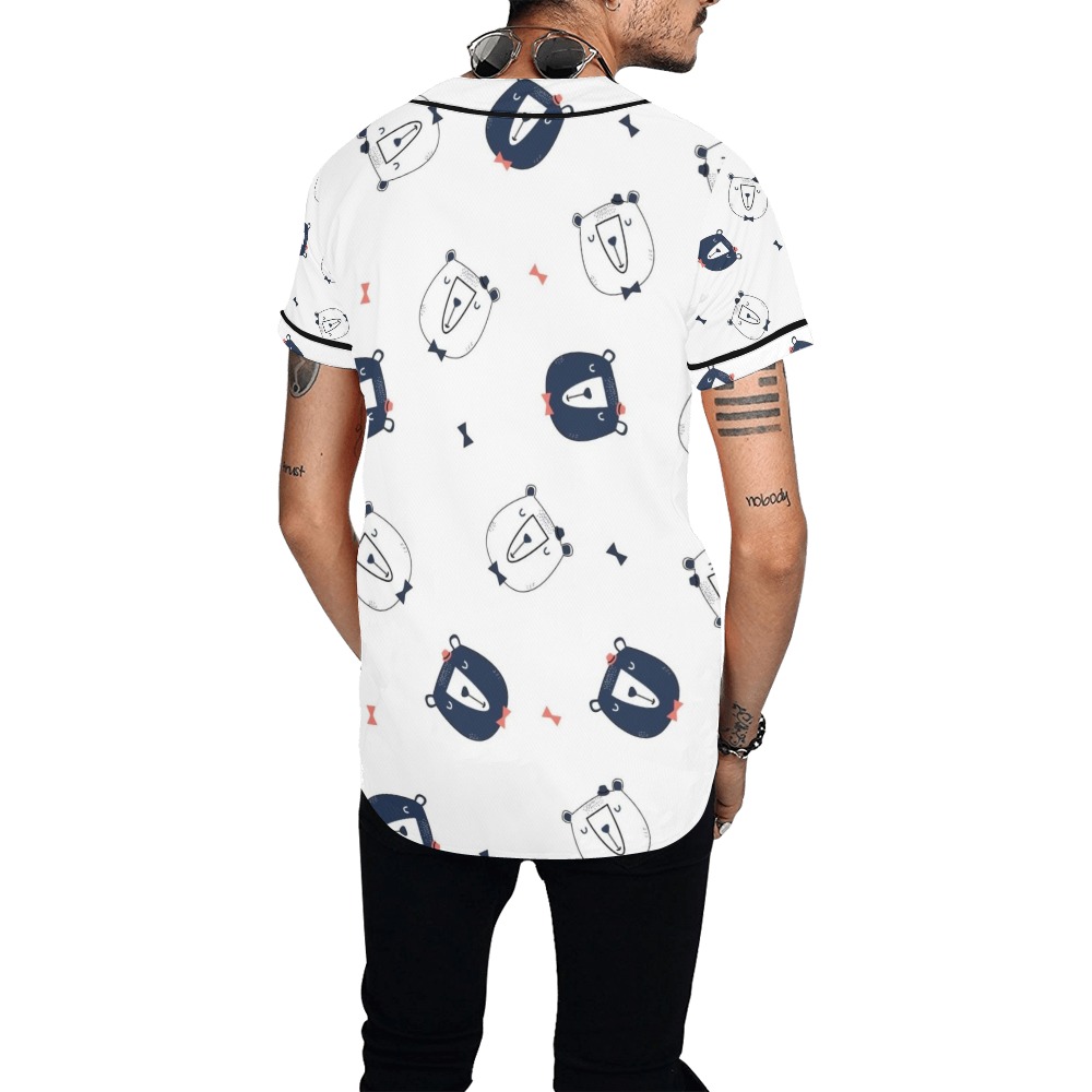 Men's white baseball jersey with a blue all-over print, short sleeves, and mesh fabric, perfect for casual wear.