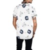 Men's white baseball jersey with a blue all-over print, short sleeves, and mesh fabric, perfect for casual wear.