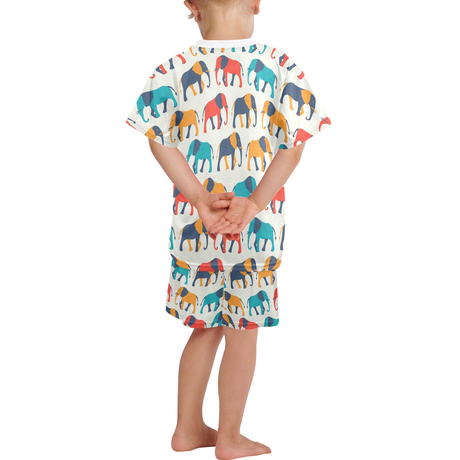 Little girl in summer polyester pajama set with elephant print, comfortable and breathable.