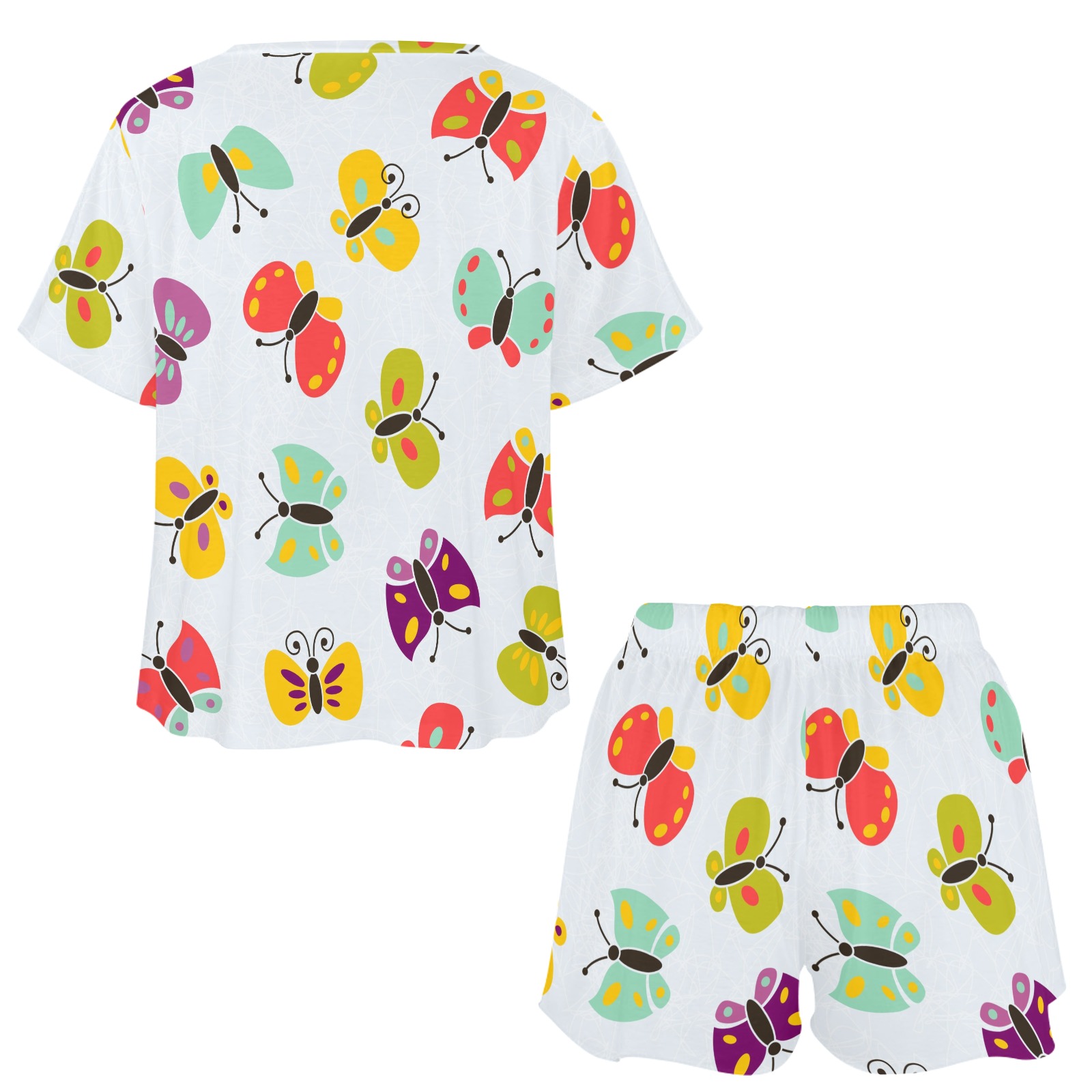 Ladies' White Polyester Butterfly Print Home Suit Set - Comfortable Summer Wear
