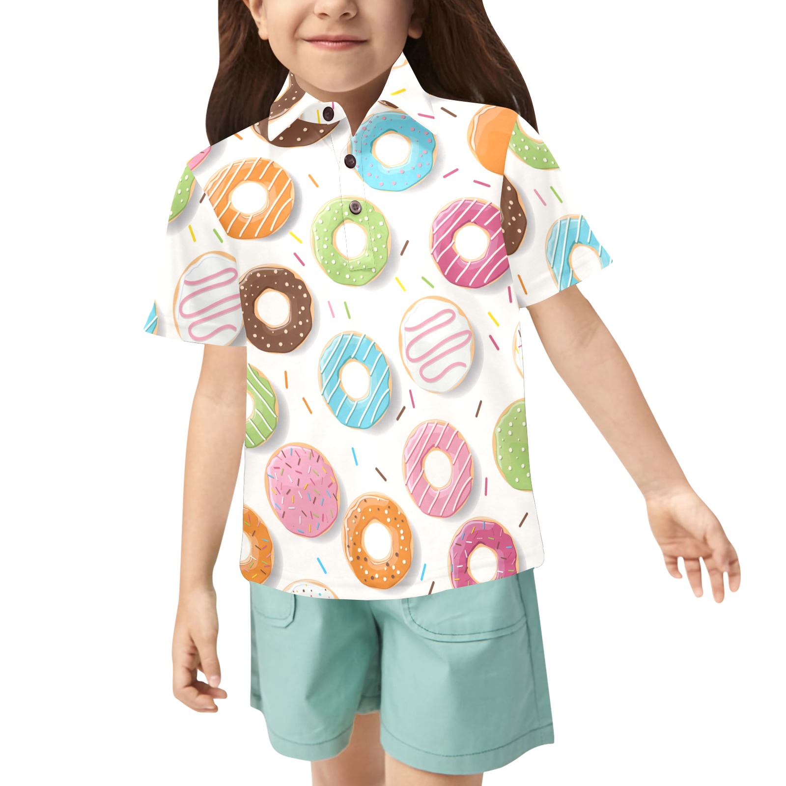 Little girl wearing a colorful donut print polo shirt and matching shorts, summer outfit