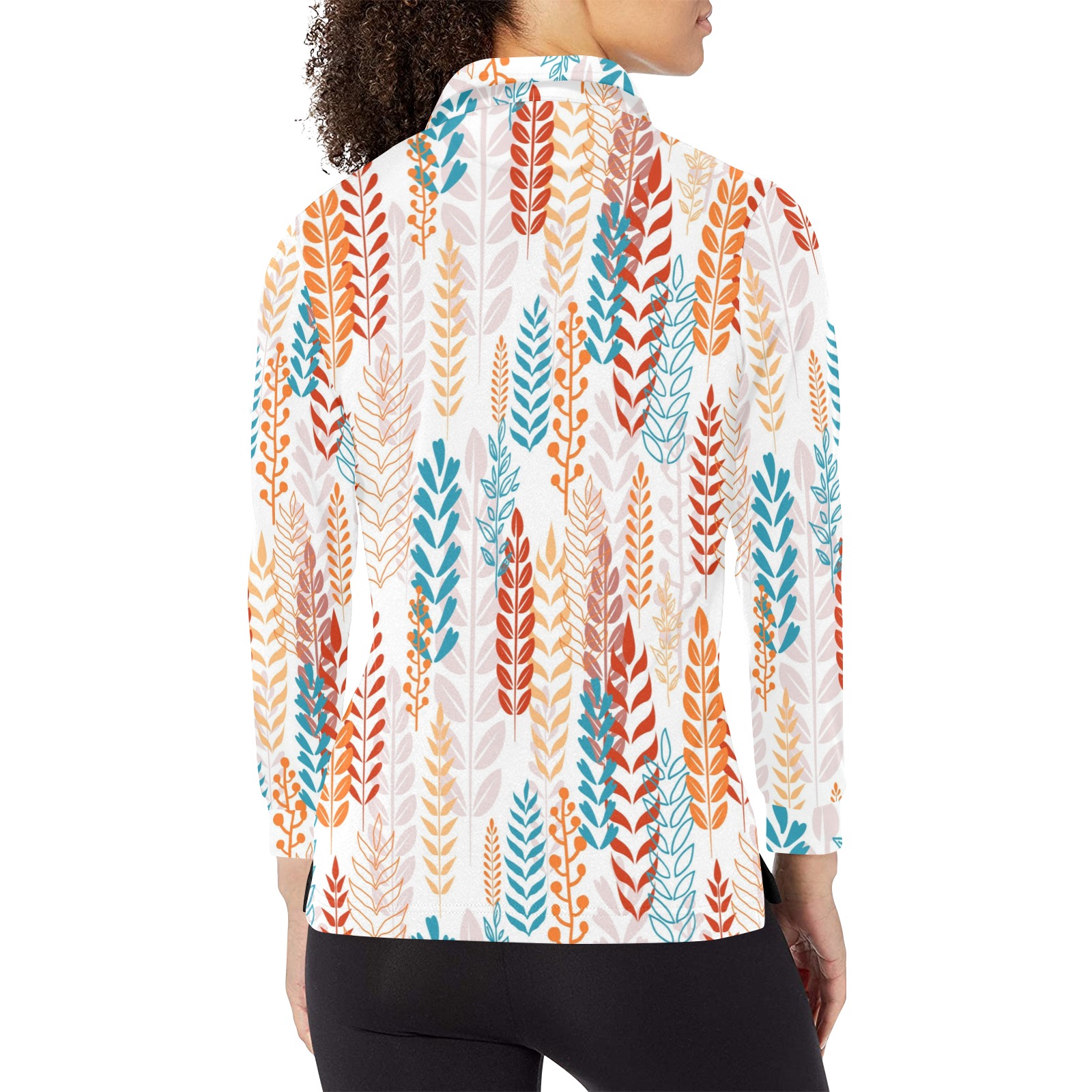 Women's long sleeve polo shirt (T73) featuring a colorful pattern, made of polyester and spandex