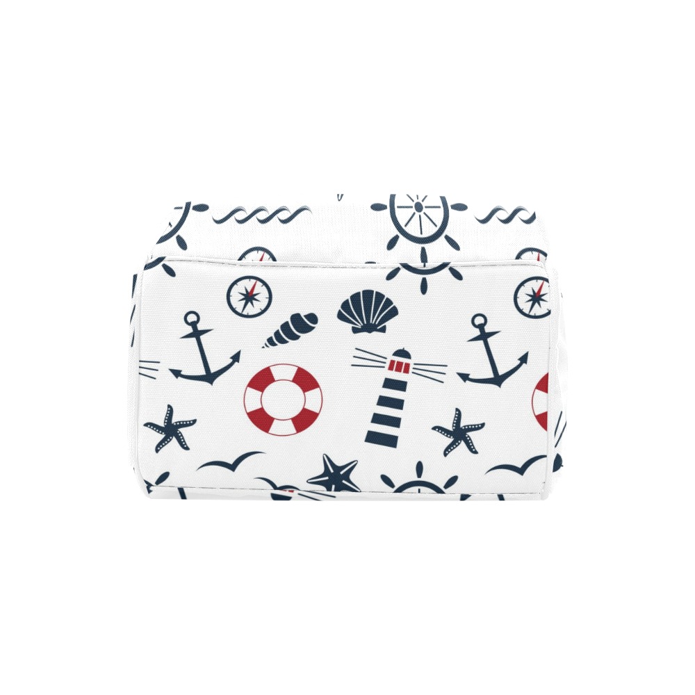 Nautical Print Multi-Function Backpack (Model 1688) detail, waterproof nylon material, featuring anchors and lighthouse.