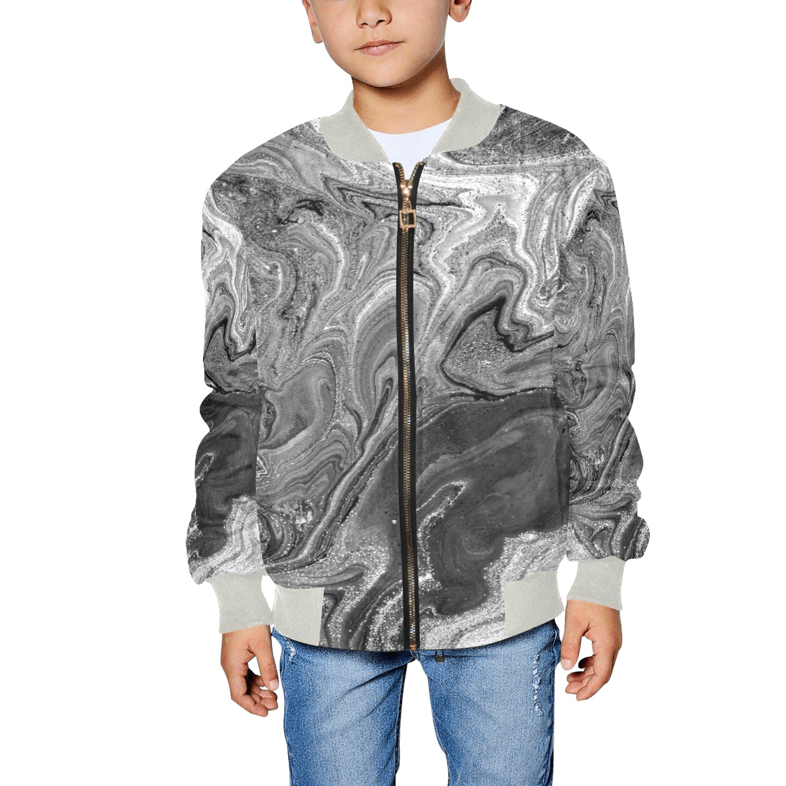 Kid's All Over Print Bomber Jacket (Model H40) featuring an abstract black and white design, perfect for everyday wear.
