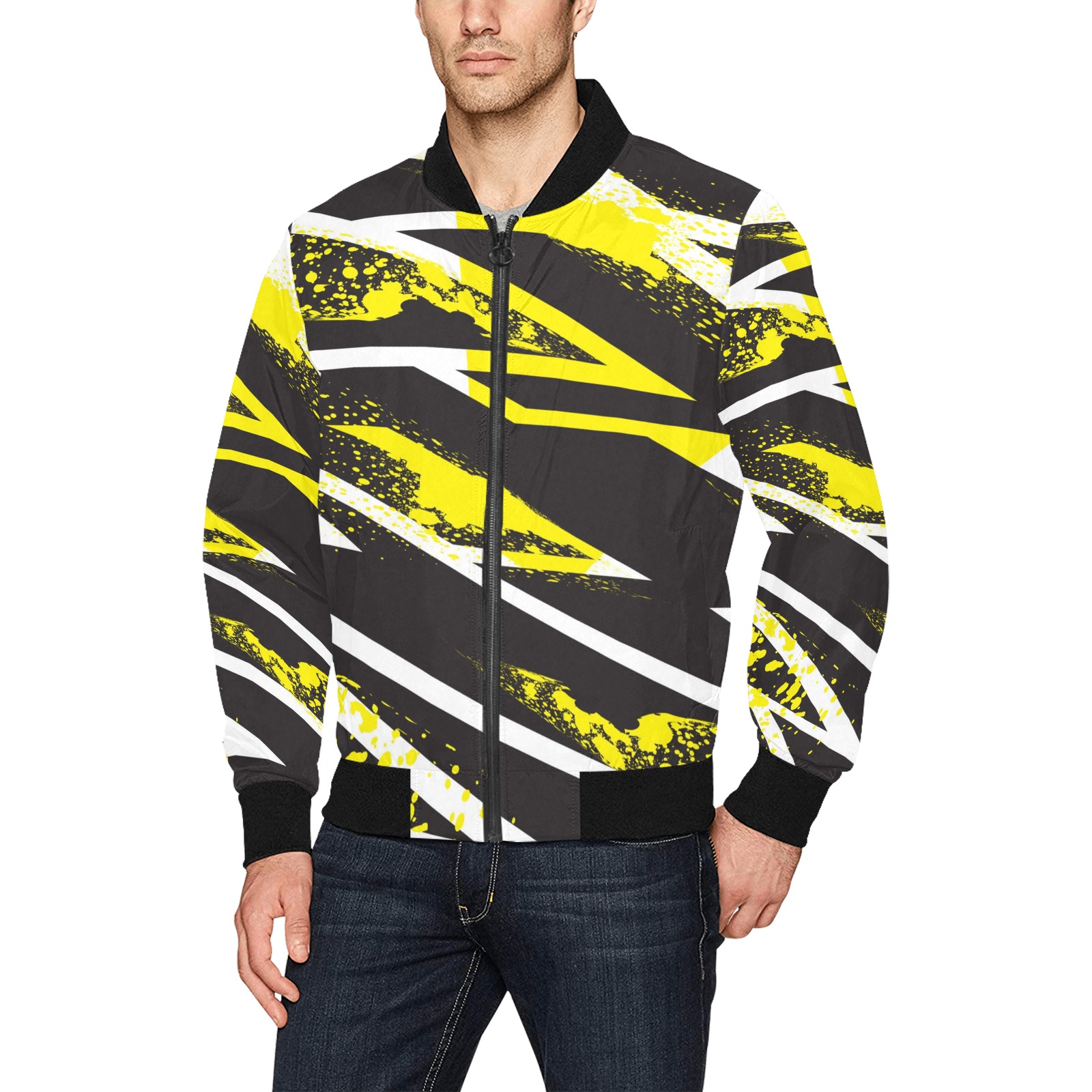 Men's All Over Print Bomber Jacket (Model H31) - Yellow and Black Abstract Design