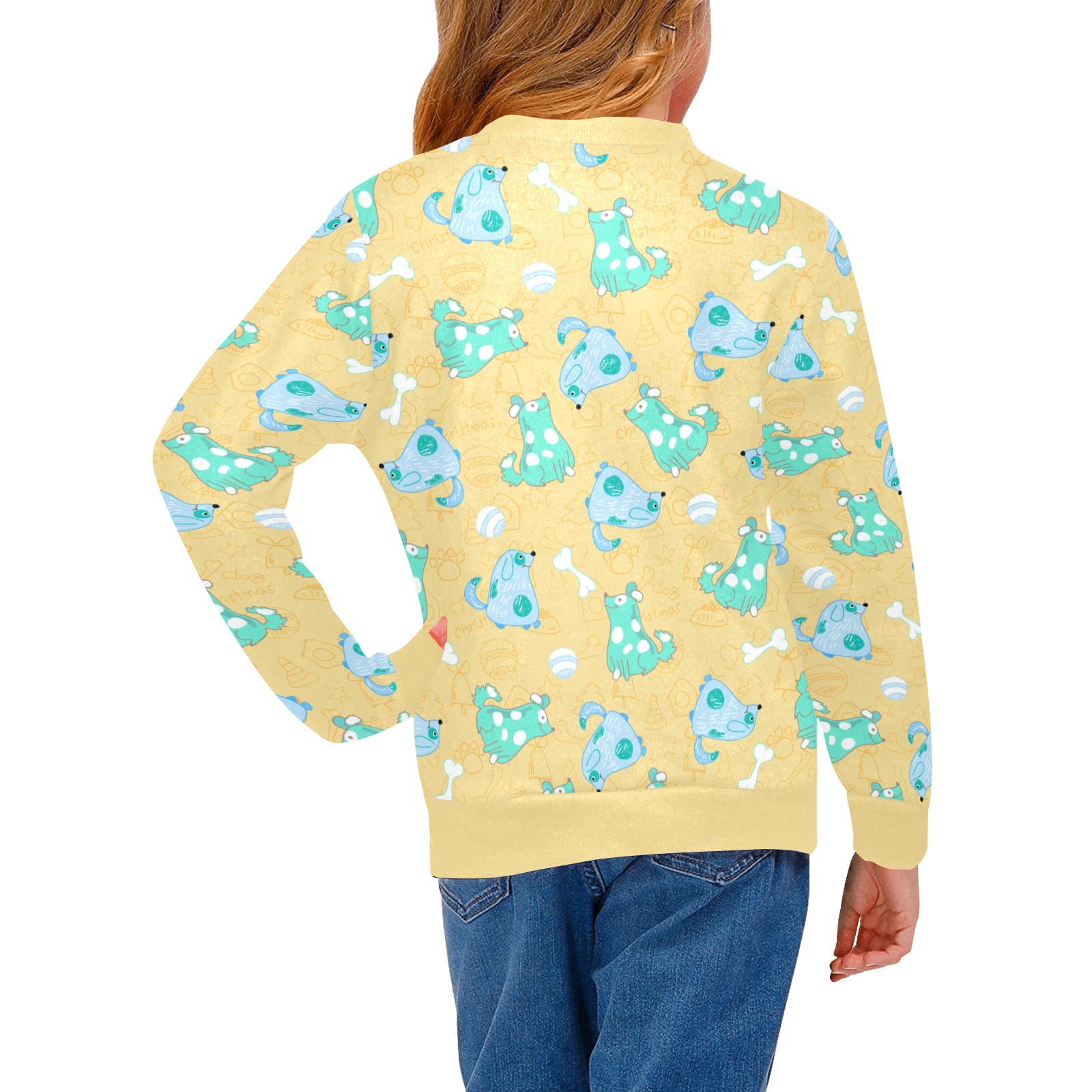 Girls' yellow sweater with all-over print featuring light blue designs, crew neck, polyester-spandex blend.