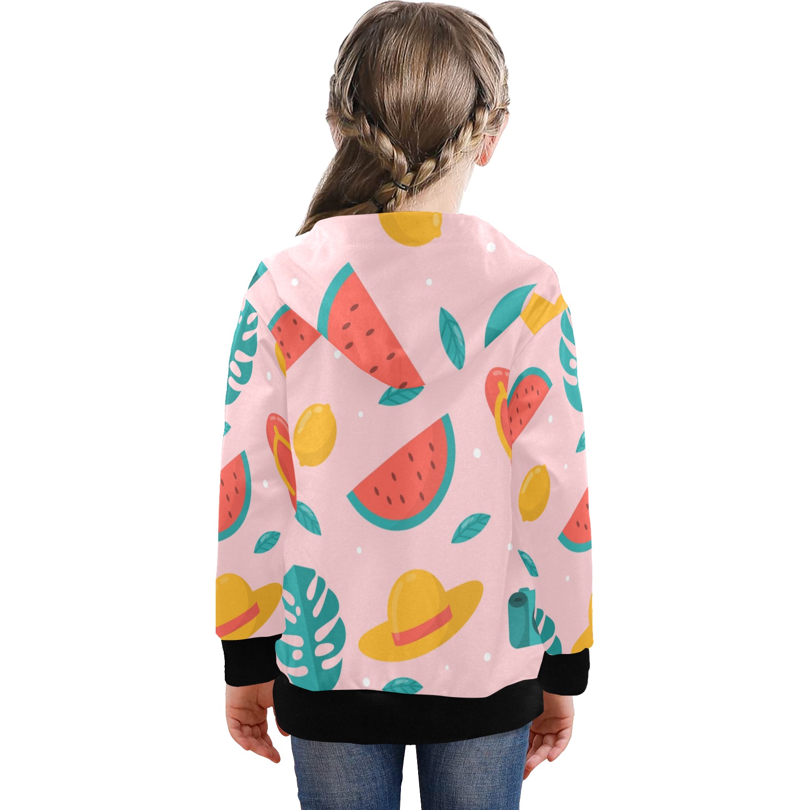 Big Girls' Zip Up Hoodie (H58) with colorful fruit pattern, pink background, back view