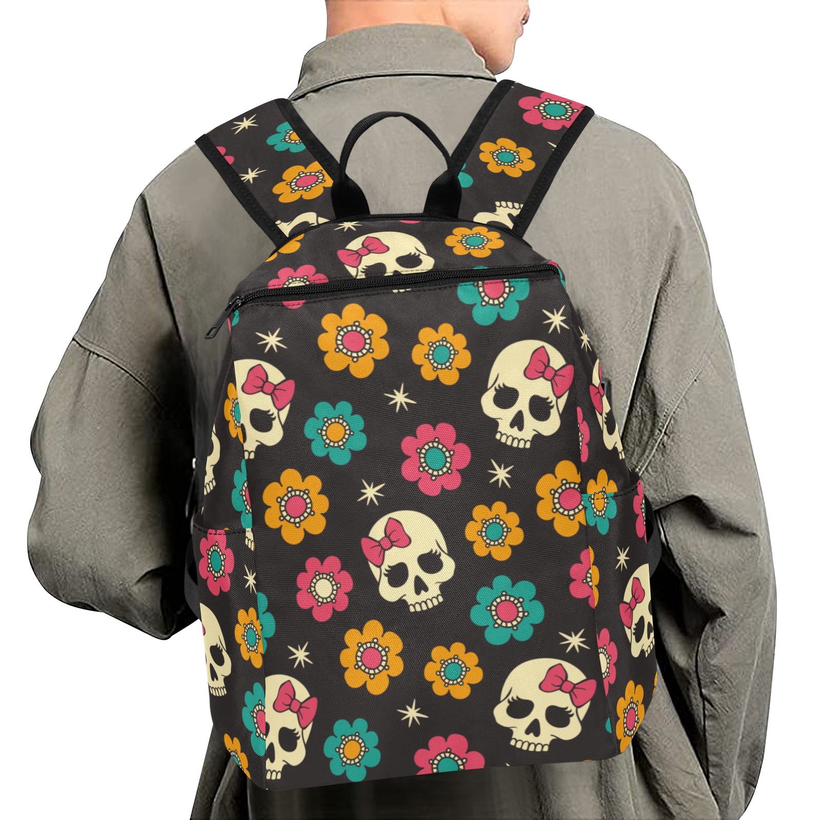 Lightweight Casual Backpack with Skull and Floral Print, perfect for school and travel, made of polyester.