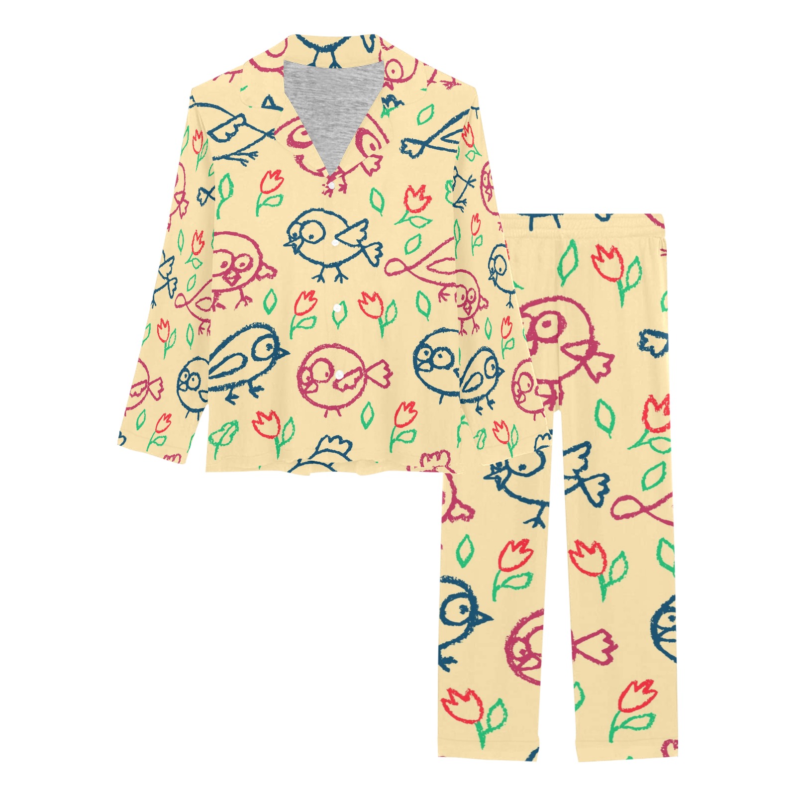 Women's Floral Pajama Set (ModelSets 02) - Long-sleeve top and pants with floral print.