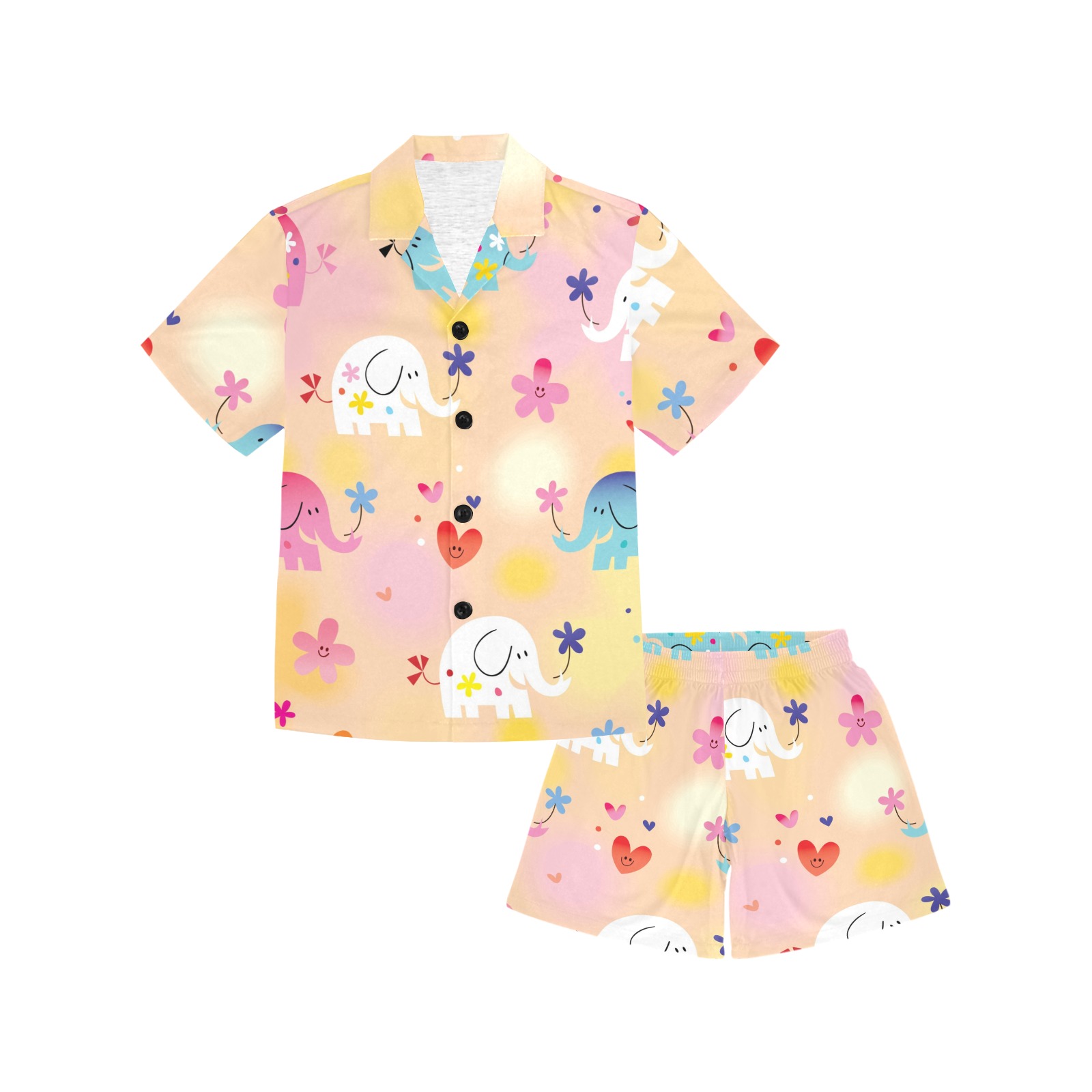 Girls' cartoon print V-neck pajama set, polyester sleepwear, shorts and top.