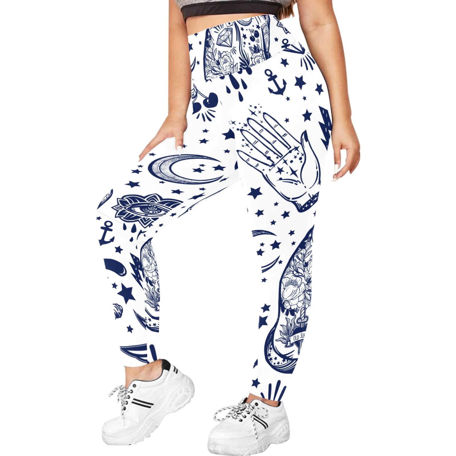 Women's High Waist Leggings (Model L44) with Blue and White Pattern