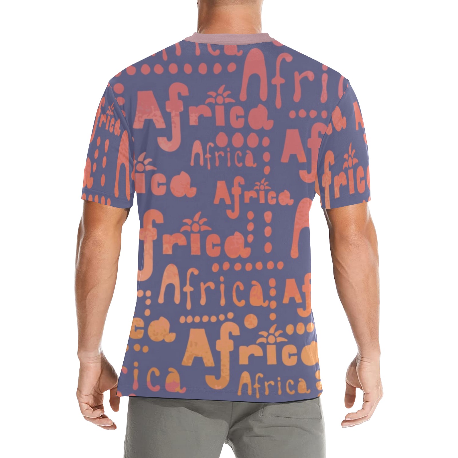 Men's All Over Print Crew Neck T-Shirt(T40-2) with Africa print in blue and orange color, made of polyester