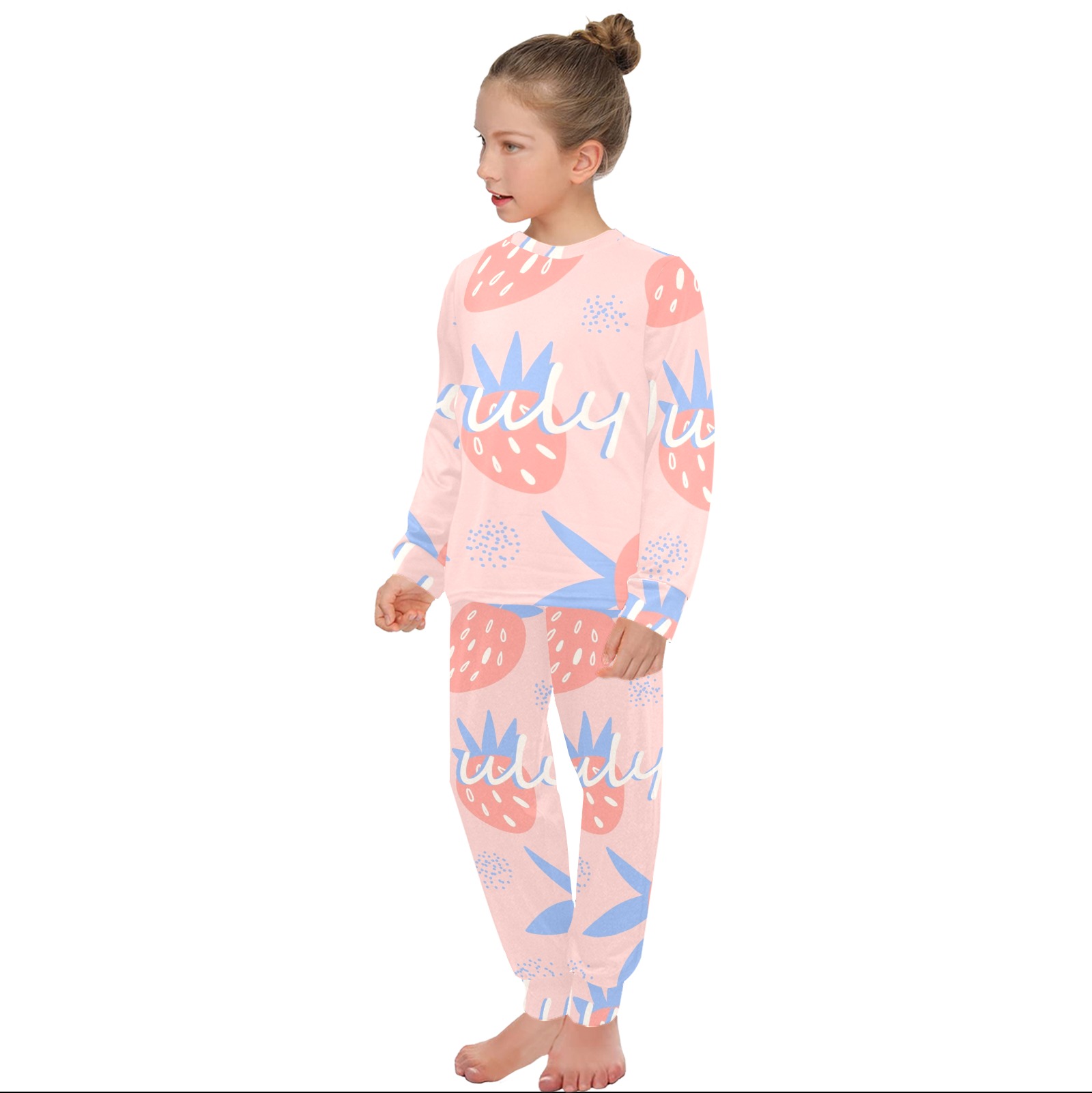 Big Girls' Pink Pineapple Print Pajama Set - Polyester Crew Neck Sleepwear