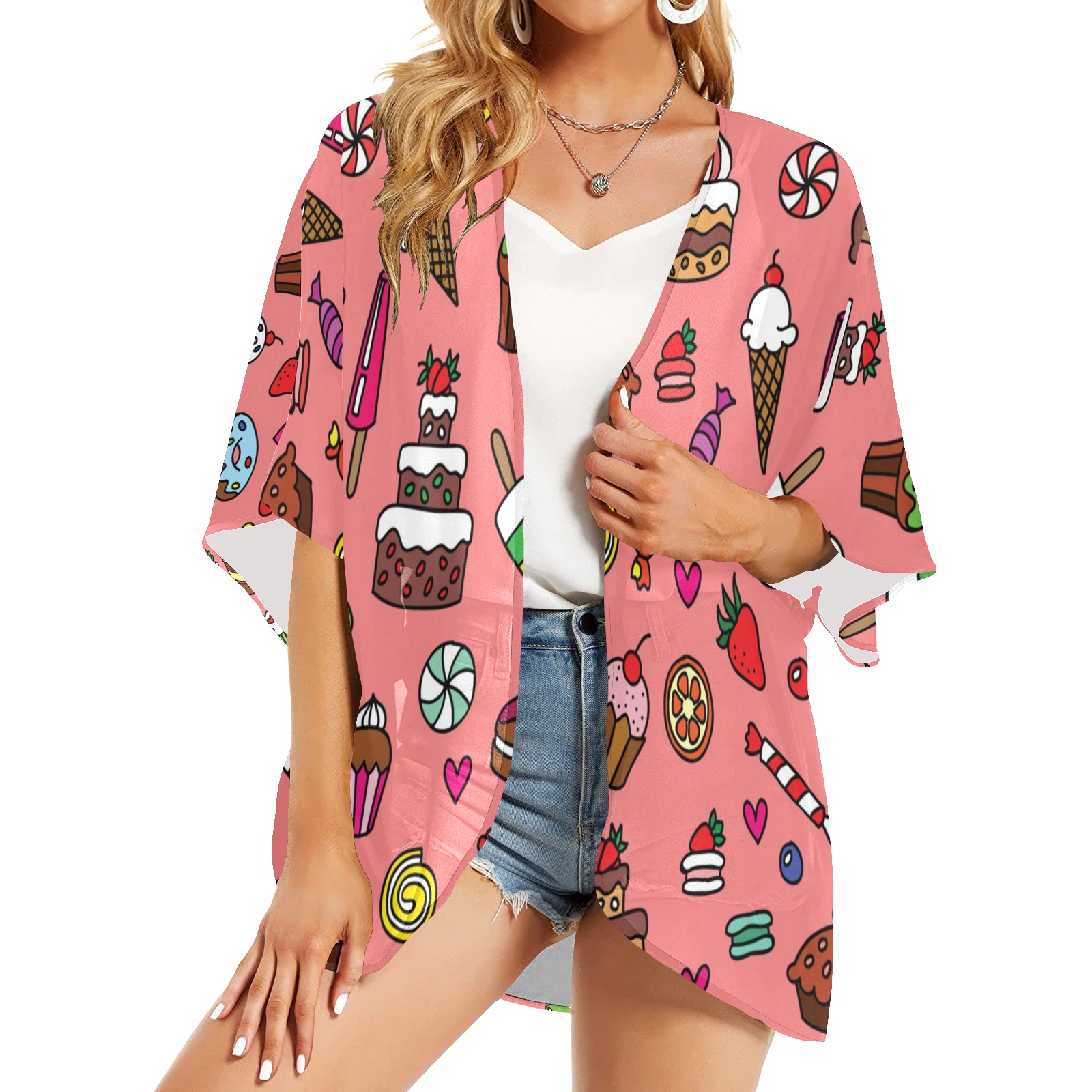 Women's pink chiffon kimono cover-up with sweets pattern, H51