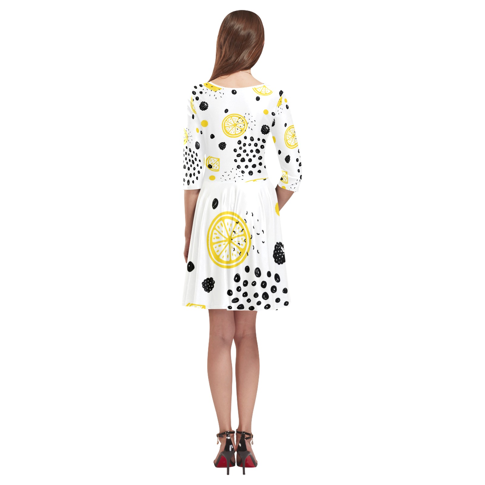 Women's Half-Sleeve Skater Dress (Model D20) in white with yellow and black floral print