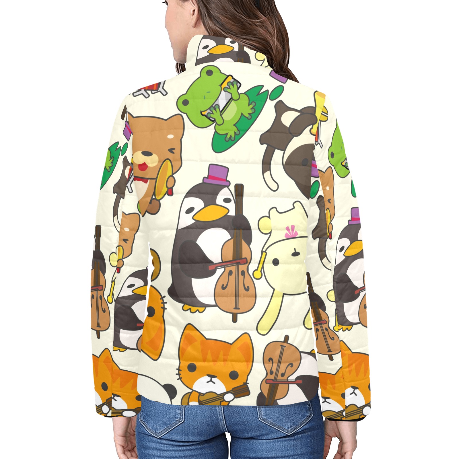 Women's stand collar padded jacket with cartoon animal print, zipper closure, featuring bear, penguin, cat pattern