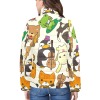 Women's stand collar padded jacket with cartoon animal print, zipper closure, featuring bear, penguin, cat pattern
