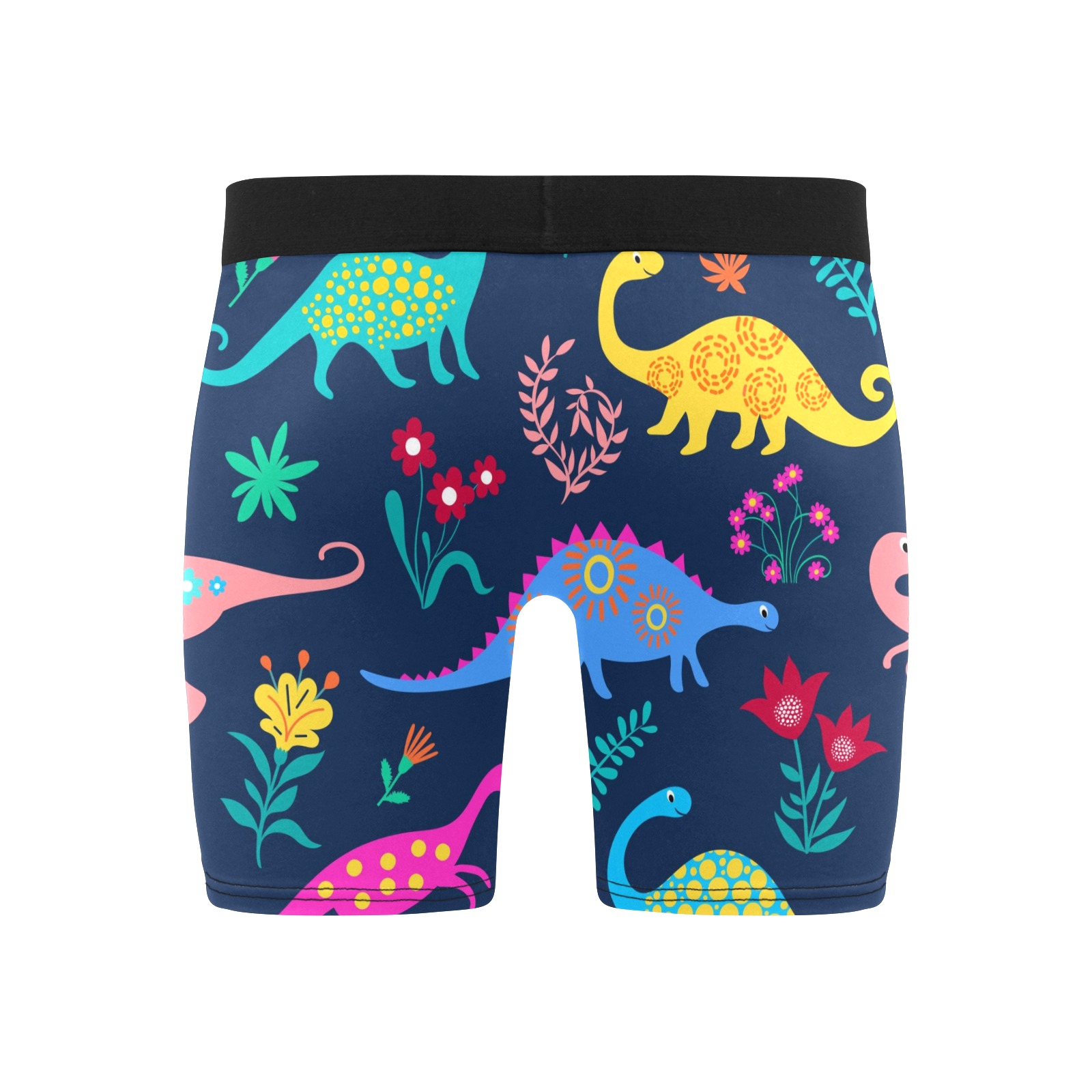 Men's long leg boxer briefs with colorful dinosaur pattern, 100% polyester, perfect for comfort.