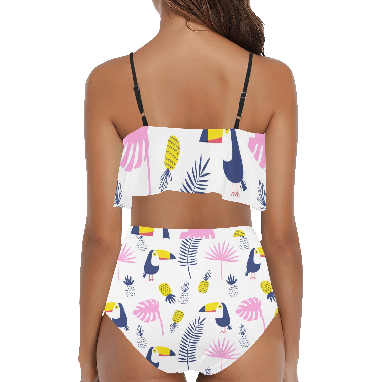 High Waisted Flounce Bikini Set (S13) with tropical print, flounce design.